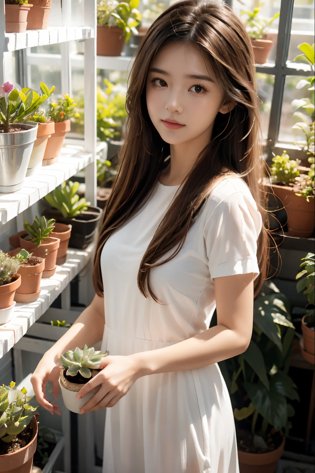 girl, long hair, white shirt, Pink dress, Small potted plant on hand, In the greenhouse, There are many potted succulents in the greenhouse, There sunlight outside the window.