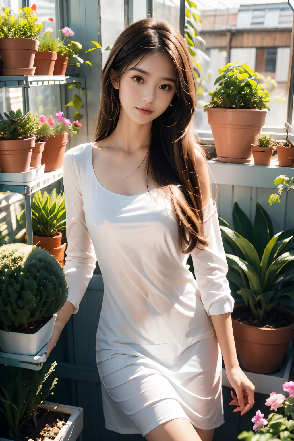 girl, long hair, white shirt, Pink dress, Small potted plant on hand, In the greenhouse, There are many potted succulents in the greenhouse, There sunlight outside the window.
