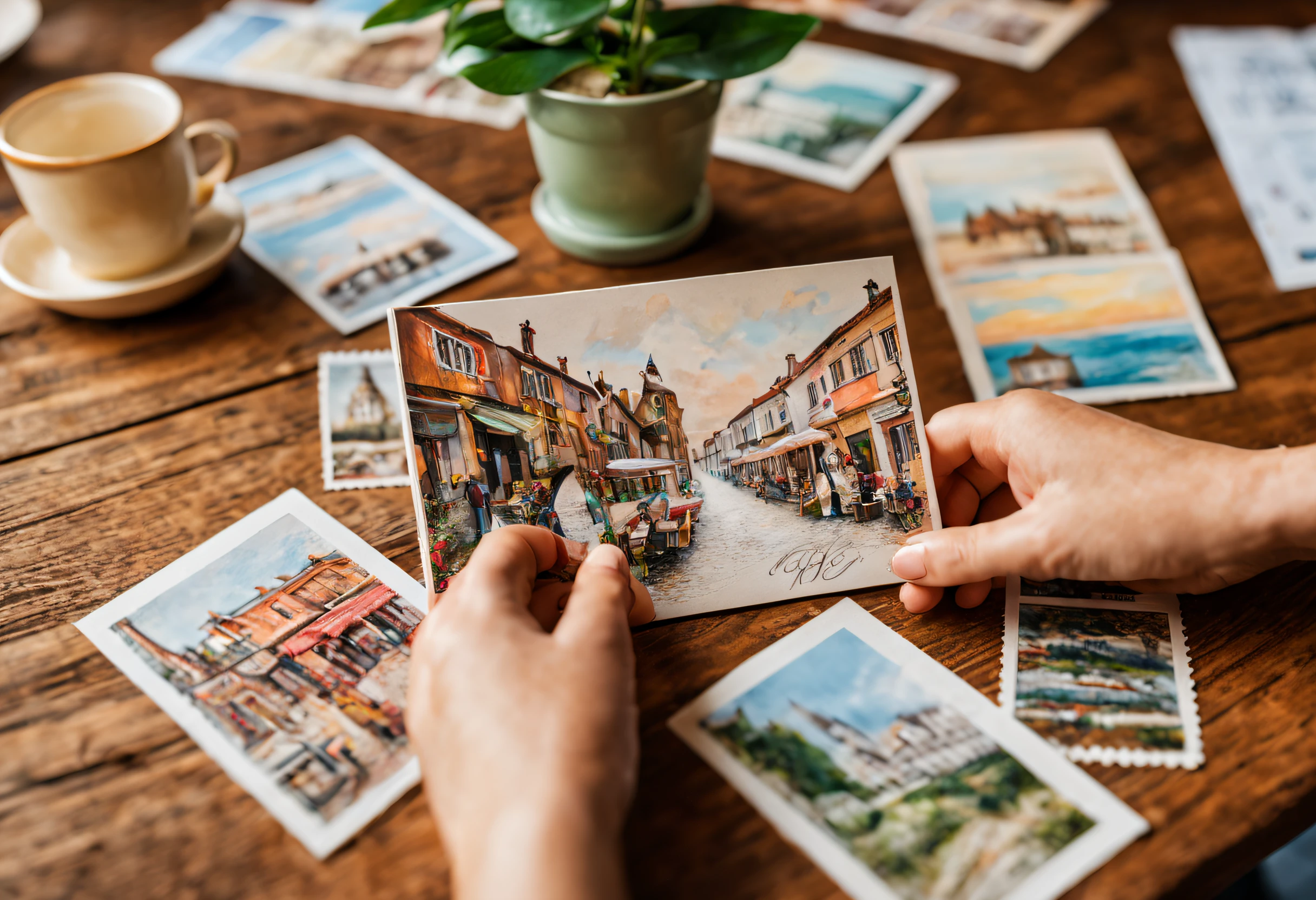 A girl sitting at a wooden desk,gently touching the postcards,feeling the texture of the paper,beautifully designed and vintage postcards neatly arranged on a wooden board,each card represents a different city and captures its unique charm,a soft warm sunlight streaming through the window,casting a gentle glow on the postcards,enhancing their vibrant colors and delicate illustrations,the girl's elegant and intricate handwriting, carefully writing each address and heartfelt message in exquisite calligraphy,a collection of stamps from around the world,each showcasing a different culture and history,meticulously placed on each postcard,a vintage postcard display stand,holding the most precious and cherished memories of the girl's travels and adventures,a small potted plant on the desk,adding a touch of freshness and life to the scene,creating a nostalgic and whimsical atmosphere that invites you to explore the world through the girl's collection of postcards.
(best quality,4k,8k,highres,masterpiece:1.2),ultra-detailed,realistic:1.37,postcards,vibrant colors,vintage,exquisite calligraphy,nostalgic atmosphere,whimsical,soft warm sunlight,wooden desk,precious memories,potted plant,vintage display stand
