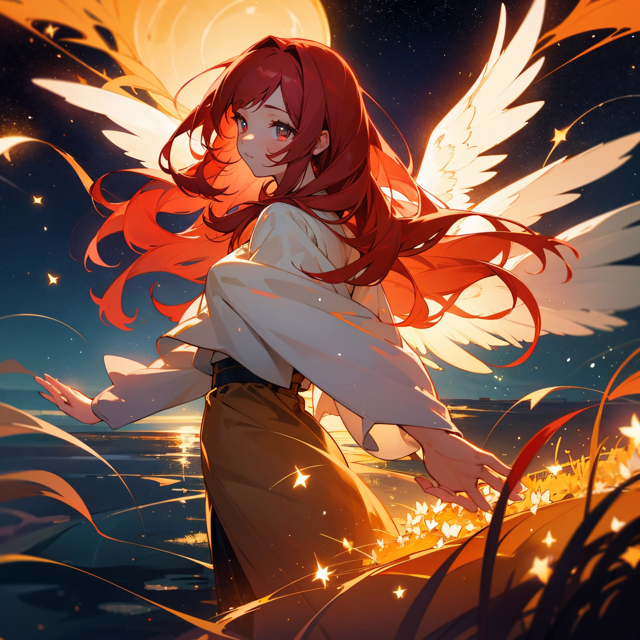Starry morning sky full of twinkling stars，Endless flowers of the other side，Red-haired girl with golden eyes，Surrounded by endless fireflies，The silhouette of an angel reflected on the lake，