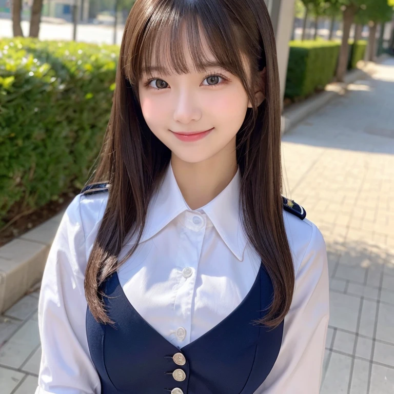(masuter piece、hight resolution、detaileds、hiquality、realisitic)、Cute girl in uniform of 18 years old、C cup breasts、A sly smile、With bangs