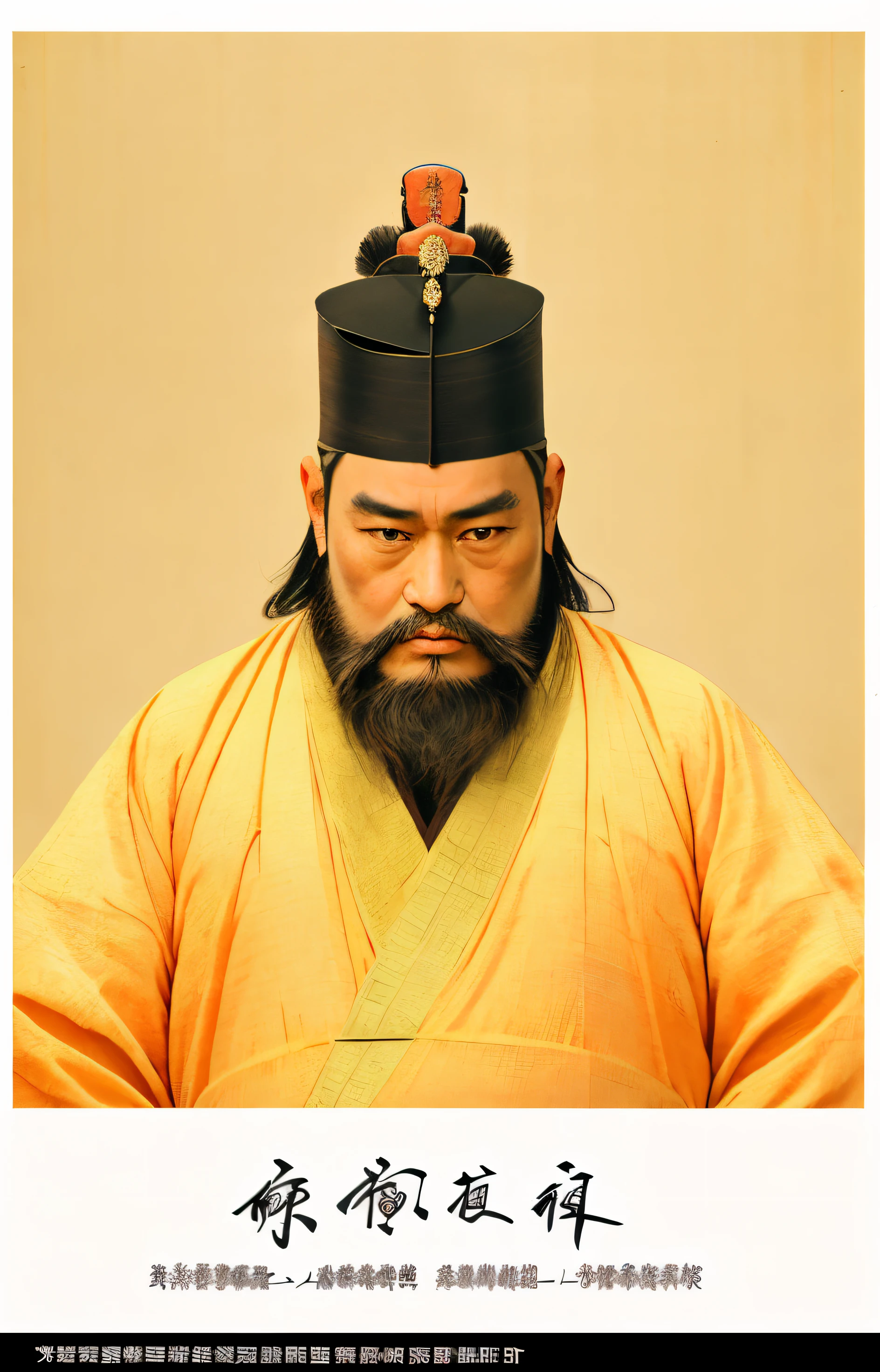 One with a beard、Portrait of Chinese man wearing hat, Emperor Xuande, royal emperor, The king, Ming dynasty, the emperor, Wearing ancient Chinese clothes, royal portrait, inspired by Wu Bin, portrait of a king, Realisticstyle，tmasterpiece，Ultra HD quality CG，Best quality at best，Perfect picture，Pure portrait half-length photo，Background Black，frontal photos，Remove text from screen，the background  clean，Example 2：3, Realistic portrait of people on black background，No text or frame at bottom