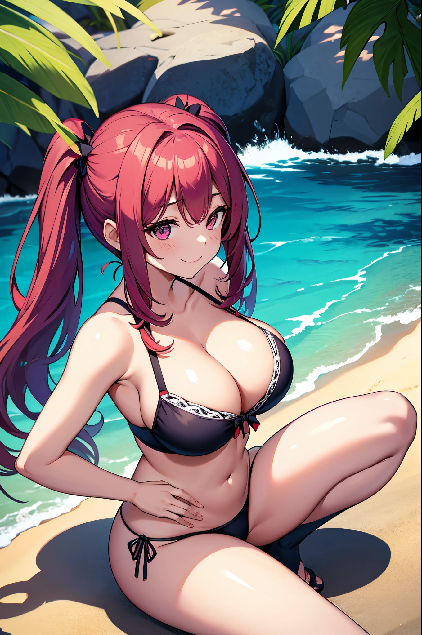 8K、Best Quality、Midsummer beach、、独奏、a beauty girl、delicated face、a smile、Long pigtails、Purple hair、red eyes、Colossal tits:1.8、big butts:5.5、big breasts thin waist、Beautiful constriction、shinny skin、beauty legs、New water、Slouched、cleavage of the breast、Medium Waist、Red hair fastening、