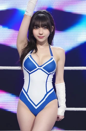 report,A pretty girl with perfect figure,(Lori,12year old), (Light blue and white swimsuit with flashy pattern), Very small breasts,Twin-tailed,bangss,Stand in the ring of professional wrestling,extremely detailed face and skin, Detailed eyes, Double eyelids,Pose with hands on hips,long wrestling boots,shairband,Lace gloves,Less muscle,skinny thigh,Nogizaka46