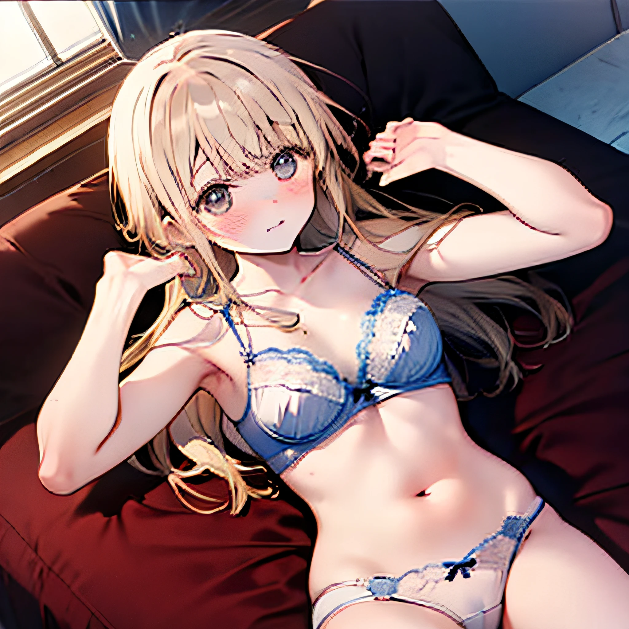 Realistic,(Bewitching), (about ),Wide Angle,(Bewitching),Wide Angle,1girl in,blondehair,((shame)), embarrassed,blushed,Wide Angle,From above,on the bed,((gargantilha)),(White bra, White ribbon panties), llight rays, Glow, (masutepiece)