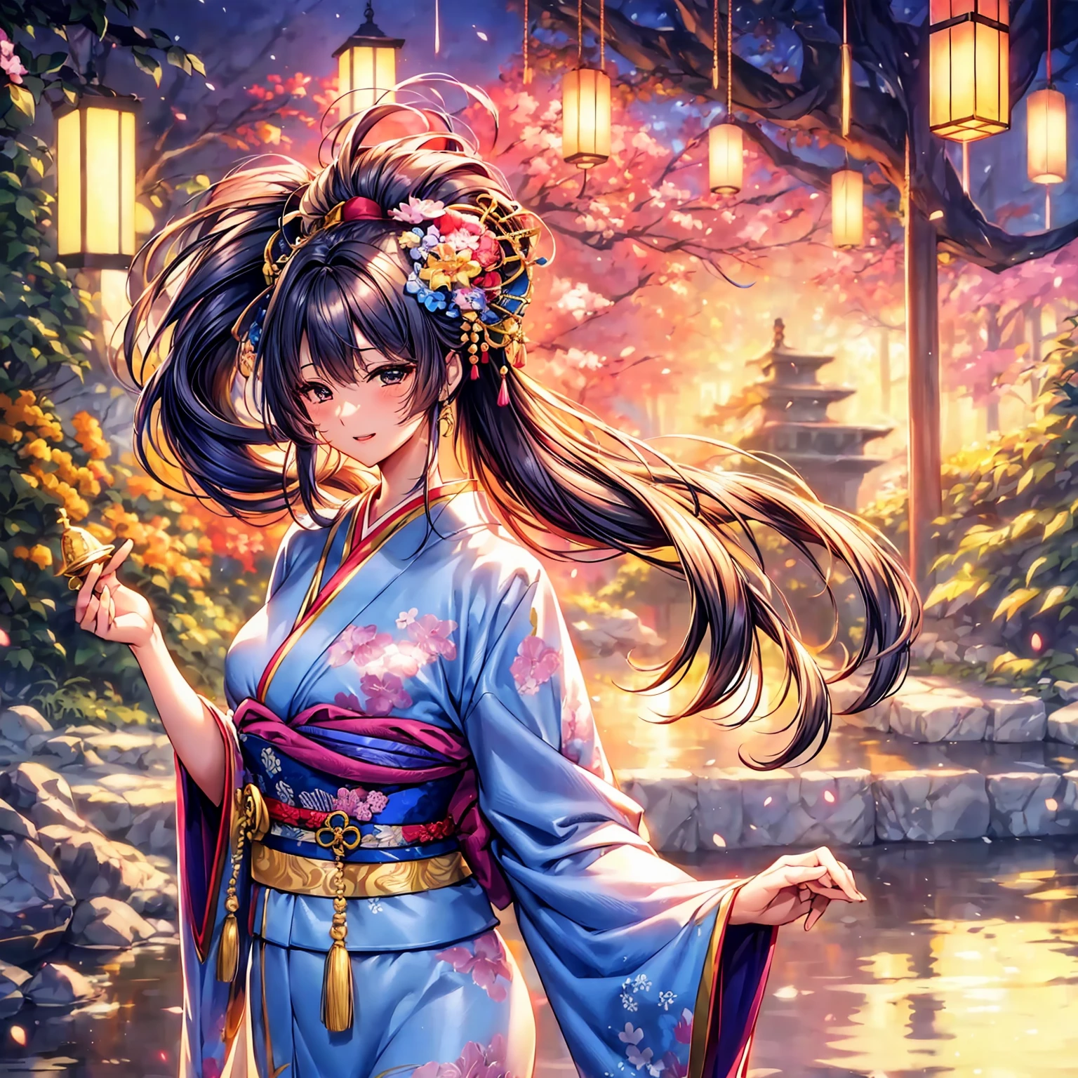 (top-quality、masterpiece、very high res、超A high resolution,High resolution details 1.5)、A woman of perfect and ultimate beauty(24 years old 1.5)、(Beautiful breasts and body shape 1.5)、Beautiful body、美丽的面容、large pink,Long hair,Beautiful hair、Japan hair ornament,realistic textured skin,Wearing a beautiful Japanese kimono,Kimono has colors and patterns.,Kimono sleeves and obi are long,Arms outstretched,Exposed shoulders from kimono,I can see the cleavage,wearing a stole,Bright smile,Mouth opens,Hair flutters under the influence of the wind,The sleeves and obi of the kimono flutter in the wind.,There is a mysterious waterside and waterfall,Fantastic night sky and beautiful full moon,Lantern light,Beautiful Landscapes、(accurate detail、the detailed images、Accurate images、Perfect Image 1.5)、、beautiful anime woman, Beautiful Art Style, an animated character、The whole picture、Detailed picture、accurate anatomy、Defect-free images、natural soft light、beautiful image、extremely detailed picture、(Best Shot 1.2)