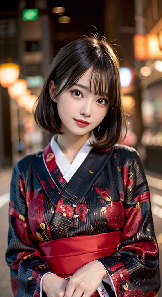 (8K, Raw photo:1.2), Detailed face and eyes,Best Quality, 超A high resolution, Highly detailed ,intricate detailes ,masutepiece ,Cute Girl , Soft cinematic light, Hyper-detailing,Sharp Focus, High quality, A dark-haired, bob cuts, Yukata