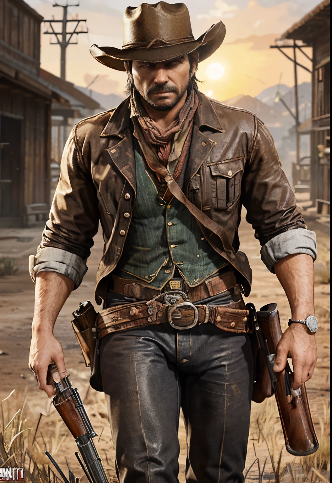 (piece of master), (Foto RAW), (hyper-realistic), a photo of a man in a cowboy hat holding a rifle, Arthur Morgan, Jessé McCree, [mortos vermelhos], In Red Dead Redemption 2, realistic art style Red Dead Redemption, (rosto envelhecido), (rugas antigas) red dead redemption2, red dead redemption 2, In Red Dead Redemption 2, red dead redemption, RDR2, RDR 2 Mod | |  |, dead redemption, Rockstar Games Arte, Oeste Selvagem, (mal iluminado), (solar lighting setup), 4k.  O fundo da imagem deve representar uma vila do velho oeste americano, dust and smoke, (cidade fantasma).