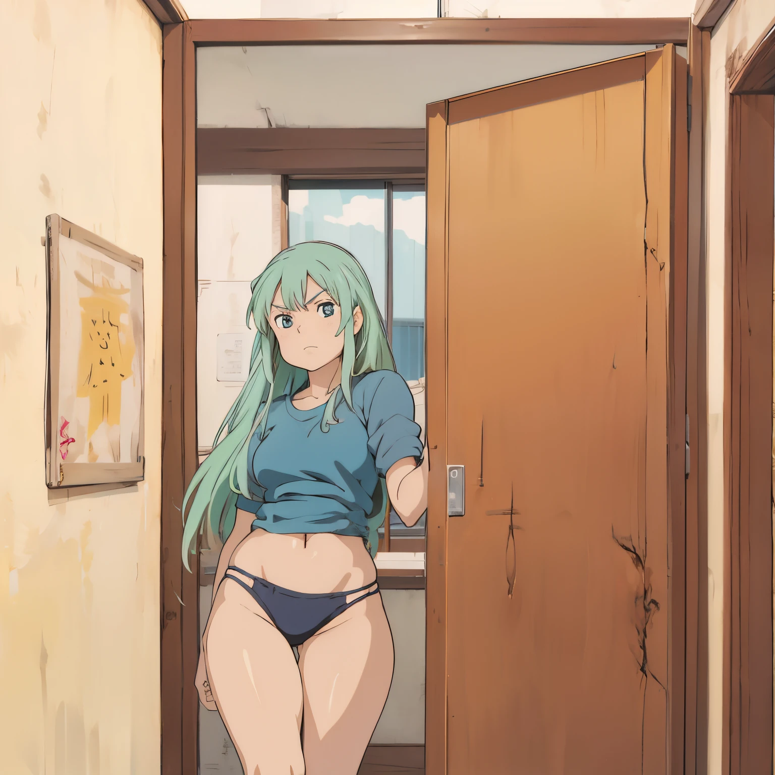 Imagem anime estilo Akira Toryama, garota na porta do quarto, sexy Bulma, angry