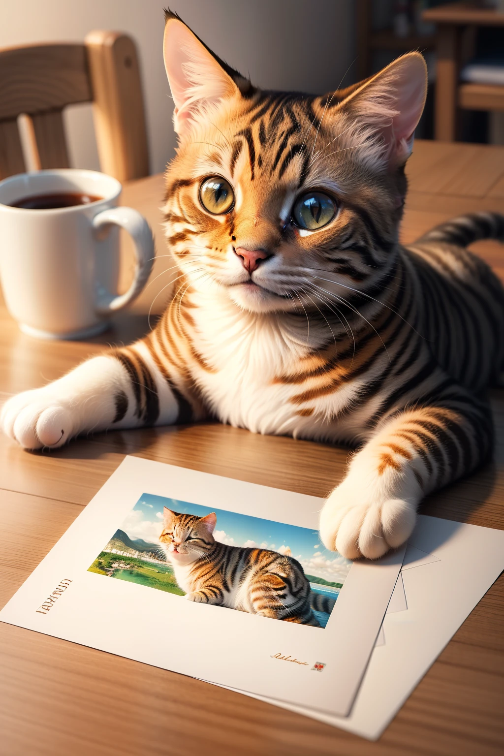 best quality,highres,ultra-detailed,realistic,photorealistic:1.37，There  a postcard on the table，Postcard with a cute cat printed on it