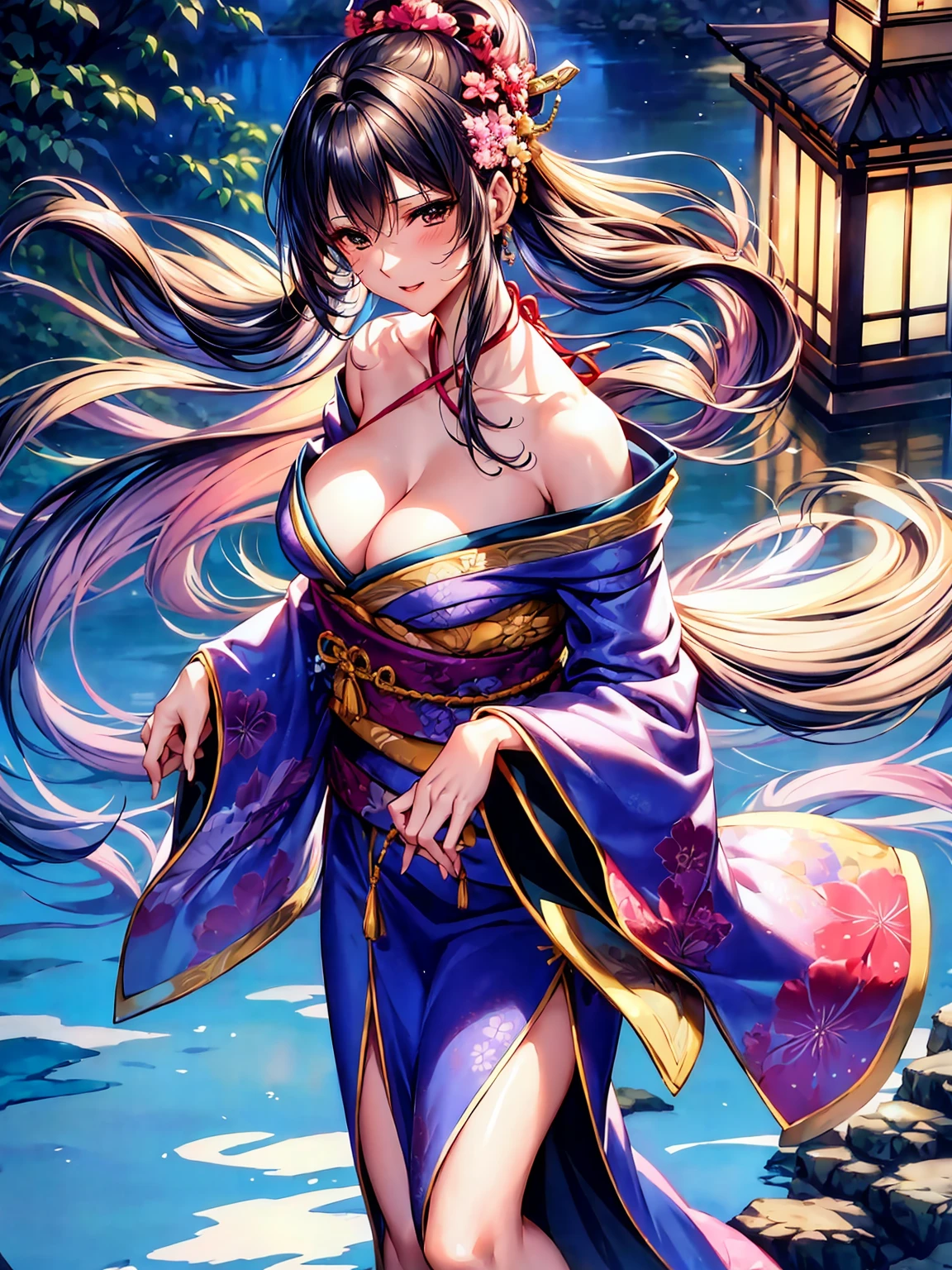 (top-quality、masterpiece、very high res、超A high resolution,High resolution details 1.5)、A woman of perfect and ultimate beauty(24 years old 1.5)、(Beautiful breasts and figure 1.5)、Beautiful body、美丽的面容、large pink,Long hair,Beautiful hair、Japan hair ornament,realistic textured skin,Wearing a beautiful Japanese kimono,Kimono has colors and patterns..,Kimono sleeves and obi are long,Arms outstretched,Exposed shoulders from kimono,I can see the cleavage,wear a stole,Bright smile,Mouth opens,Hair flutters under the influence of the wind,The sleeves and obi of the kimono flutter in the wind..,There is a mysterious waterside and waterfall,Fantastic night sky and beautiful full moon,Lantern light,Beautiful Landscapes、(accurate detail、the detailed images、Accurate images、Perfect Image 1.5)、、beautiful anime woman, Beautiful Art Style, an animated character、The whole picture、Detailed picture、accurate anatomy、Defect-free images、natural soft light、beautiful image、extremely detailed picture、(Best Shot 1.2)