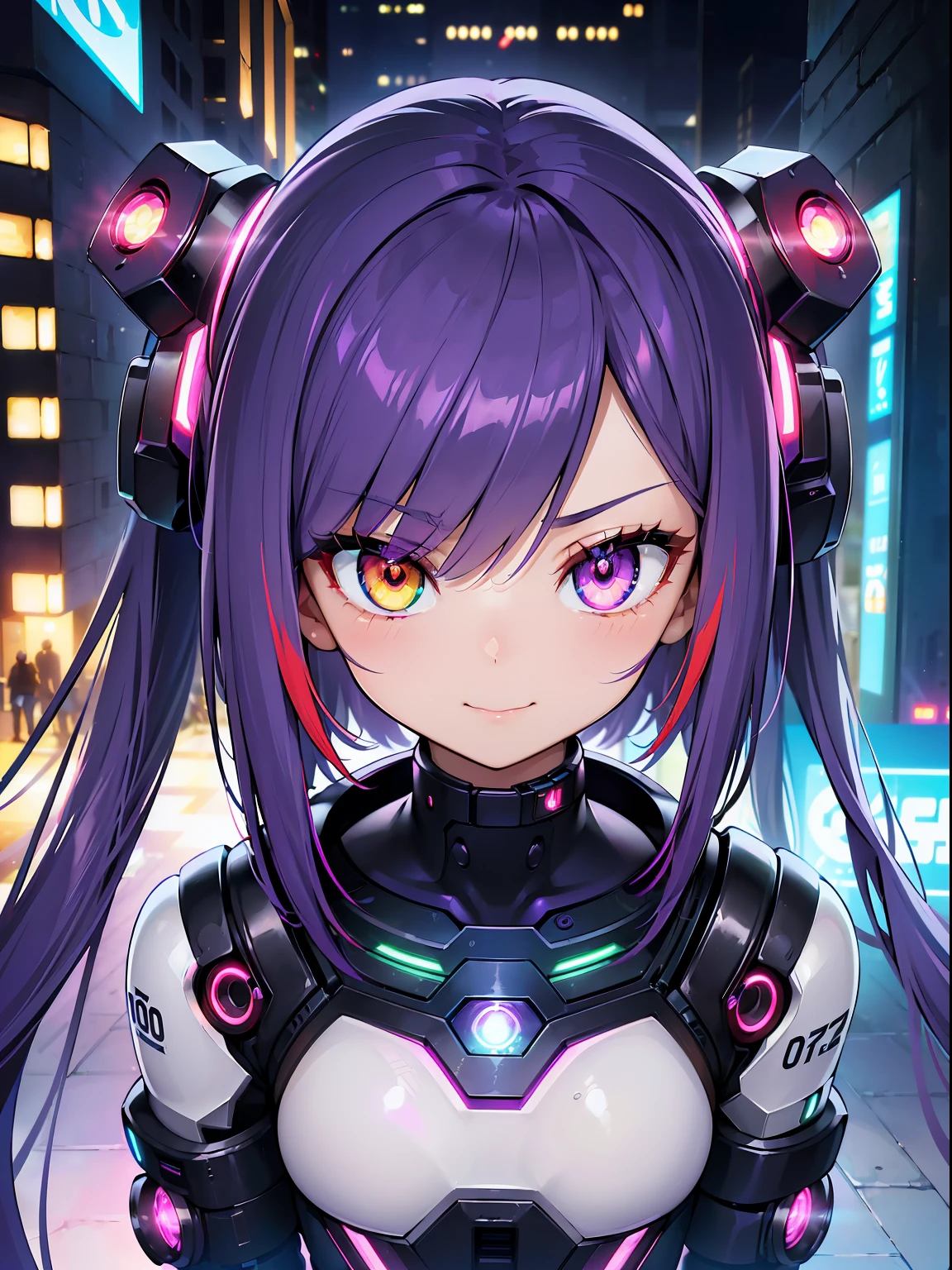 (RAW Photos, Best Quality), (animesque: 1.2), cyberpunked, (((1 Female Android))), (Sharp facial features), (smaller face), (High Detail Skin: 1.2), 鎖骨, Pretty face, Beautiful eyes, long eyelashes, ((Purple hair, Twin-tailed, Bangs:1.2, multicolored eyes+Heterochromia)), mechanical fingertips, Cute smile, (((cyberpunk clothes, LED light emitting))), Futuristic, In front of a wall with lots of graffiti, ((Kamimei, Camera work from above)), Upper body close-up shot, ultra-detailliert, Professional Lighting, Photon mapping, Physically Based Rendering,