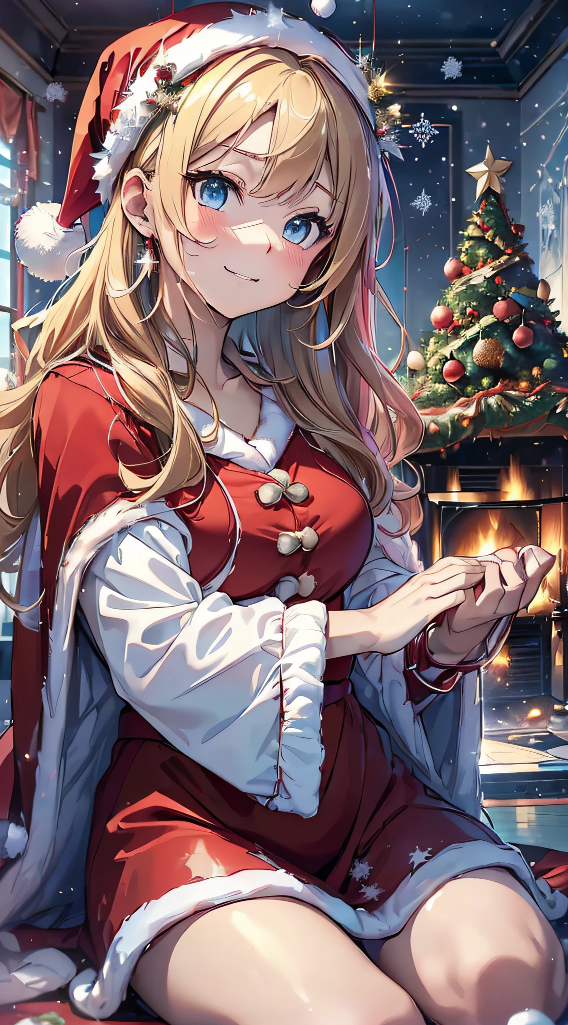 top-quality、Top image quality、​masterpiece、teens girl((cute red santa costume 、18year old、 Ager、Best Bust、big bast,Beautiful wide open light blue eyerest, a blond、A slender,Large valleys、dye one's cheeks red、Reflecting the whole body、Laugh、dance、red cloak、Shy face、embarassed face、Physical education sitting)),hiquality、Beautiful Art、Background with((my stylish night room、Christmas Wind、Stove、Red carpet on the floor、fireplace、Christmas tree、Red bed、Kotatsu)))、masutepiece、depth of fields,