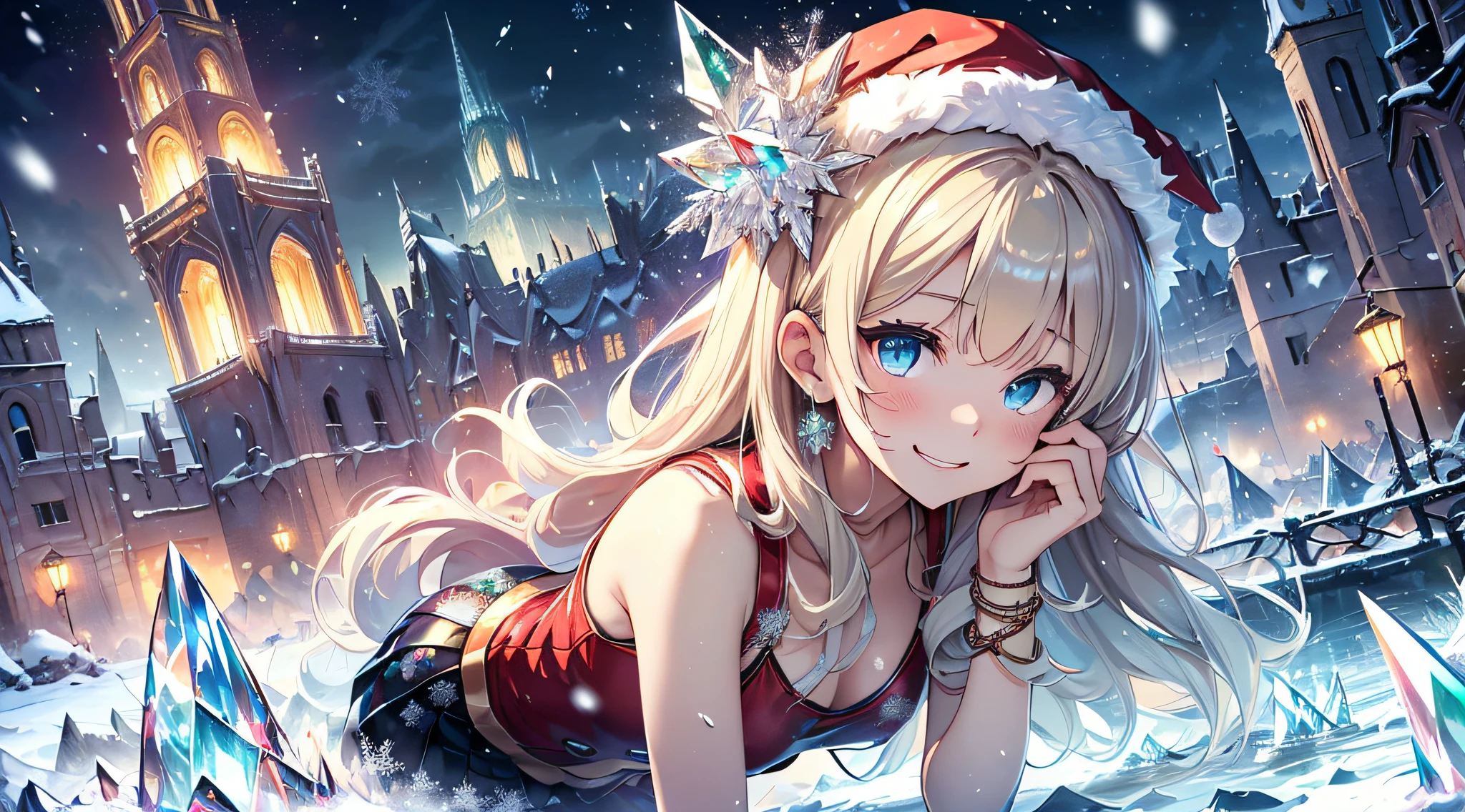 top-quality、Top image quality、masterpiece、teens girl((metallic red santa costume、santa style short skirt、santa style tank top、sixteen years old、 Ager、Best Bust、big bast,Beautiful wide open light blue eyerest, a blond、A slender,Large valleys、dye one's cheeks red、Leaning forward、White breath、Reflecting the whole body、Laugh、all-fours、reaching out her hands)),hiquality、Beautiful Art、Background with(( crystalline、crystal city at night、snowflakes falling、Heavy snow falls、snowman、 tower model、A world where snow piles up)))、masutepiece、depth of fields,