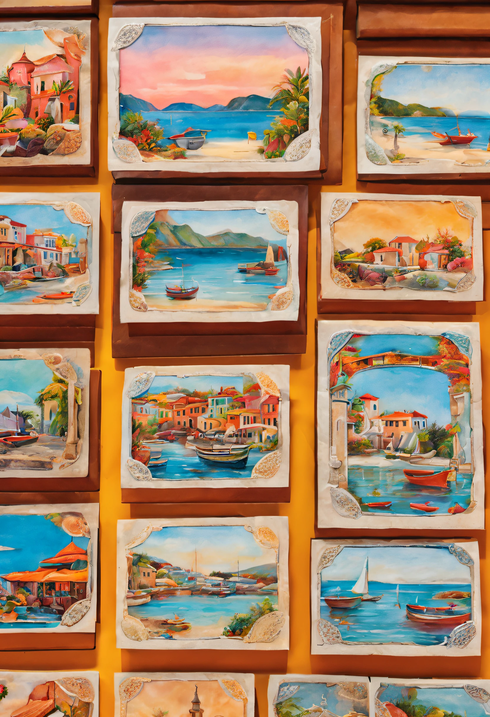 closeup,postcard display,outside,souvenir shop,illustration,high-res,bright colors,vibrant,summer theme,artistic lighting,eye-catching design,detailed textures,beautifully arranged,multi-dimensional,enticing,invitation to travel,memories from around the world,attractive compositions,embossed patterns,endless variety,diverse cultures,explore the world,exquisite craftsmanship,creative designs,captivating scenes,travel inspiration,colorful landscapes,atmospheric cities,sun-drenched beaches,urban skylines,architectural wonders,local traditions,ethnic patterns,cultural diversity,exotic destinations,seaside retreats,vivid patterns,hand-painted artwork,attention to detail,mixture of vintage and modern,unique postmarks,rich history
