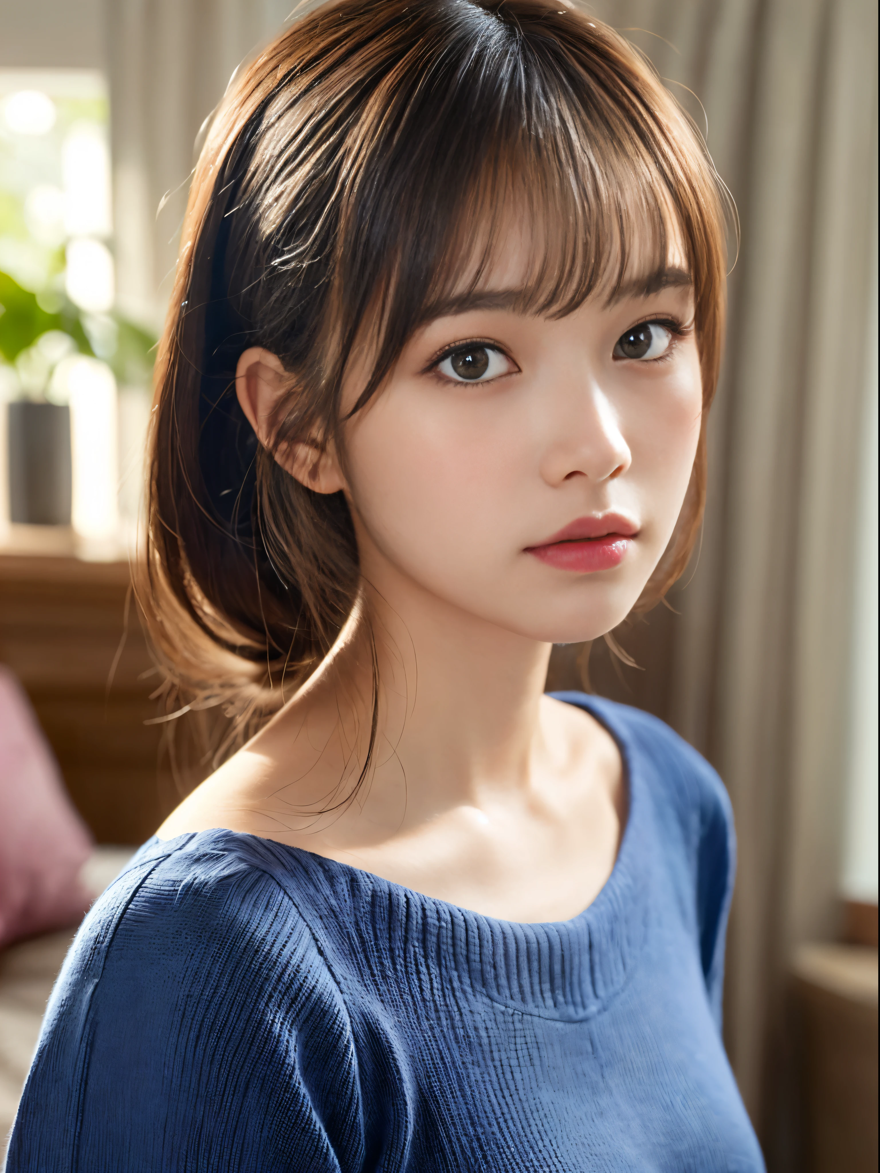 (masterpiece:1.5)、(8K)、(Photorealsitic:1.5)、Raw photography、(Top image quality:1.4)、(foco nítido:1.5)、
top-quality、masterpiece、超A high resolution、very detailed and professional lighting、
23 years old、slender、prety woman:1.4、serious facial expression、
In the living room where the morning sun shines、 Standing、
She wears a navy blue long knit dress.、
light brown hair、poneyTail、Glowing hair、
Super Detail Face、A detailed eye、二重まぶた、
Natural Color Lip、Transparent skin、