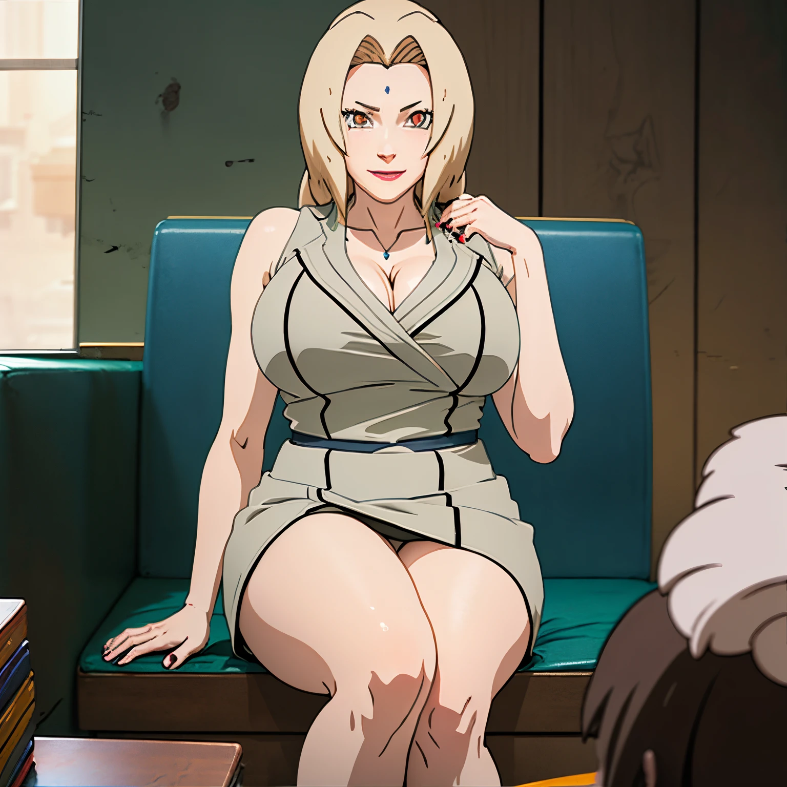 anime screencap, animated, whole body, breast squeeze, sweat, girl,woman,female, mature,30 years old, Authentic and detailed face, smile, heart-shaped_pupils, bare_shoulders, huge_breasts, thighs, sailor suit, black_skirt, high_heels, skindentation, cleavage_cutout, bare_legs, white Clothes, indoors, very fine 8KCG wallpapers,