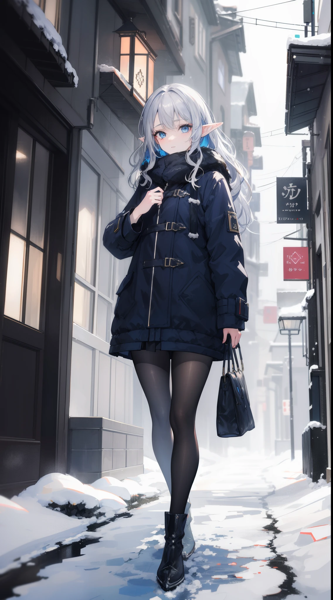 professional portrait photograph of a gorgeous elf girl in winter clothing with long wavy silver hair, sultry flirty look, gorgeous symmetrical face, blue eyes, cute natural makeup, wearing elegant warm winter fashion clothing, ((standing outside in snowy city street)), stunning modern environment, concept art, elegant, highly detailed, intricate, sharp focus, depth of field, f/1. 8, 85mm, medium shot, mid shot, (((professionally color graded))), bright soft diffused light, (volumetric fog), trending on artstation, hdr 4k, (depth of field:1.2), (blurry background:1.1), art style by Artgerm, by Kawacy, By Yusuke Murata,