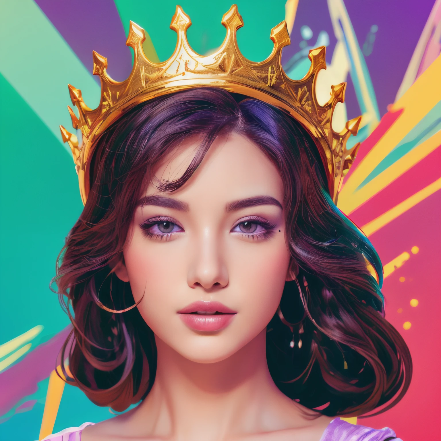 ((best quality)), ((masterpiece)), (detailed), perfect faceHighly detailed, High Quality, Masterpiece, beautiful, FISideRight, right side face angle, 1girl, solo, perfect face, abstract beauty, Create a digital art work in pop art style, luxury elegance bold with hint of feminine, happy & youthful, authentic, brave, princess wearing crown, (purple), (gold), centered, key visual, intricate, highly detailed, breathtaking beauty, precise lineart, vibrant, comprehensive cinematic, Carne Griffiths, Conrad Roset, vector art, Colorful graffiti illustration, (the most beautiful portrait in the world:1.5)