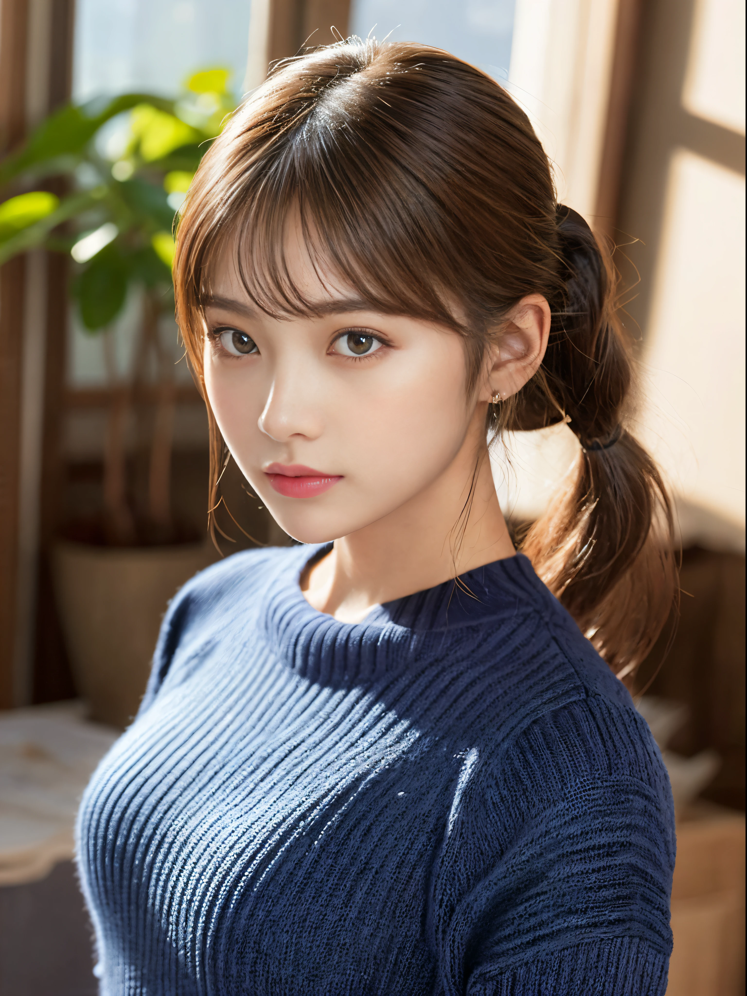 (masterpiece:1.5)、(8K)、(Photorealsitic:1.5)、Raw photography、(Top image quality:1.4)、(foco nítido:1.5)、
top-quality、masterpiece、超A high resolution、very detailed and professional lighting、
23 years old、slender、prety woman:1.4、serious facial expression、
In the living room where the morning sun shines、 Standing、
She wears a navy blue long knit dress.、
light brown hair、poneyTail、Glowing hair、
Super Detail Face、A detailed eye、二重まぶた、
Natural Color Lip、Transparent skin、
