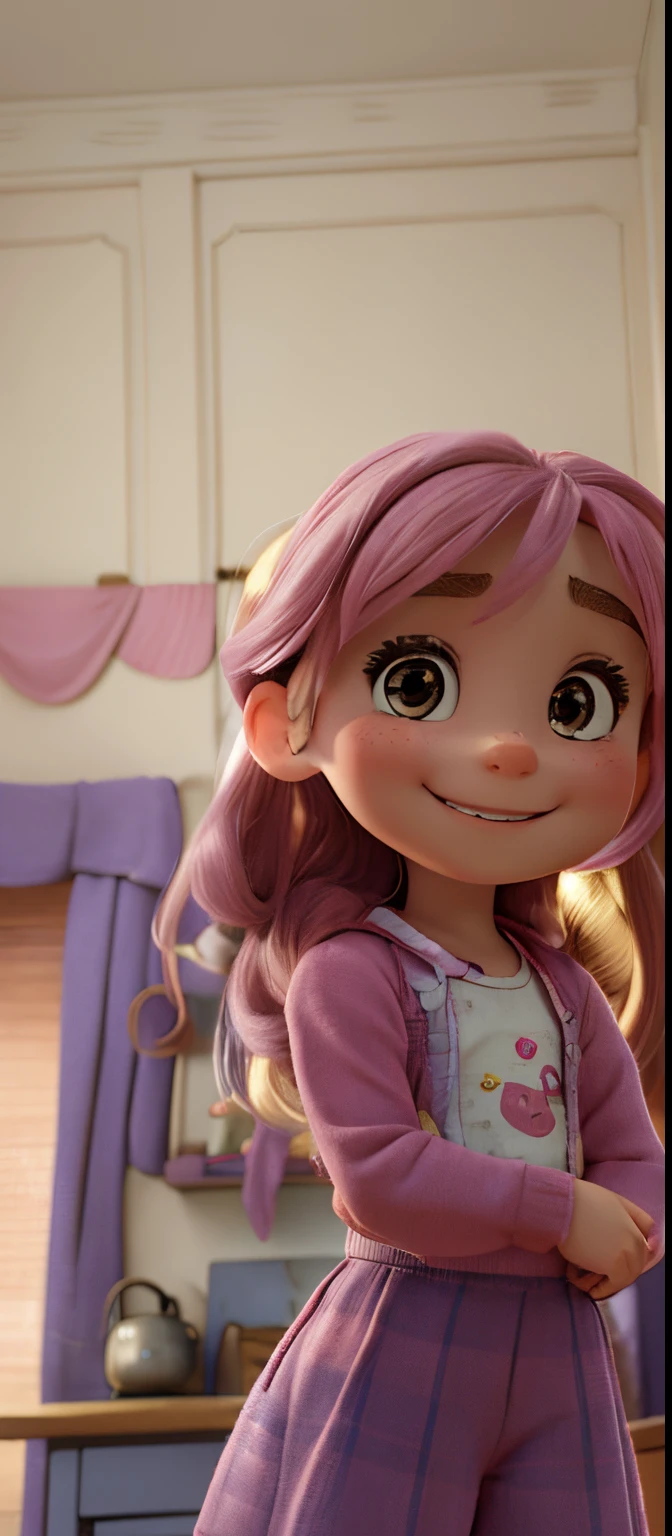 a smiling little girl,Pink clothes,cute face,Crooked eyebrows,Long hair,little mouth