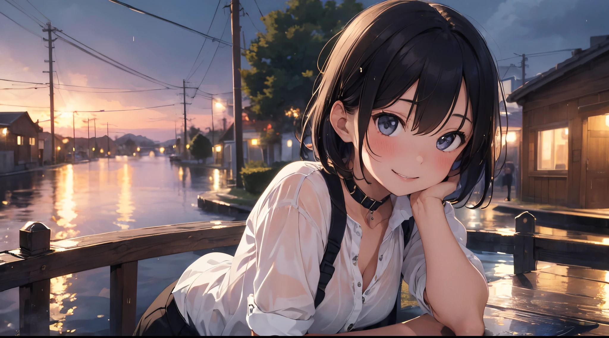 (8k, top quality, masterpiece: 1.2), (realistic, photorealistic: 1.37), super detailed, girl 1 person, ************, solo, small breasts, beautiful detailed sky, Detailed café, night, (blush), (smile: 1.15), (closed mouth), small, (shirt with collar: 1.1), night, wet, office clothes, rain, white lace, (short hair: 1.2), floating hair NovaFrogStyle, random sexy poses,