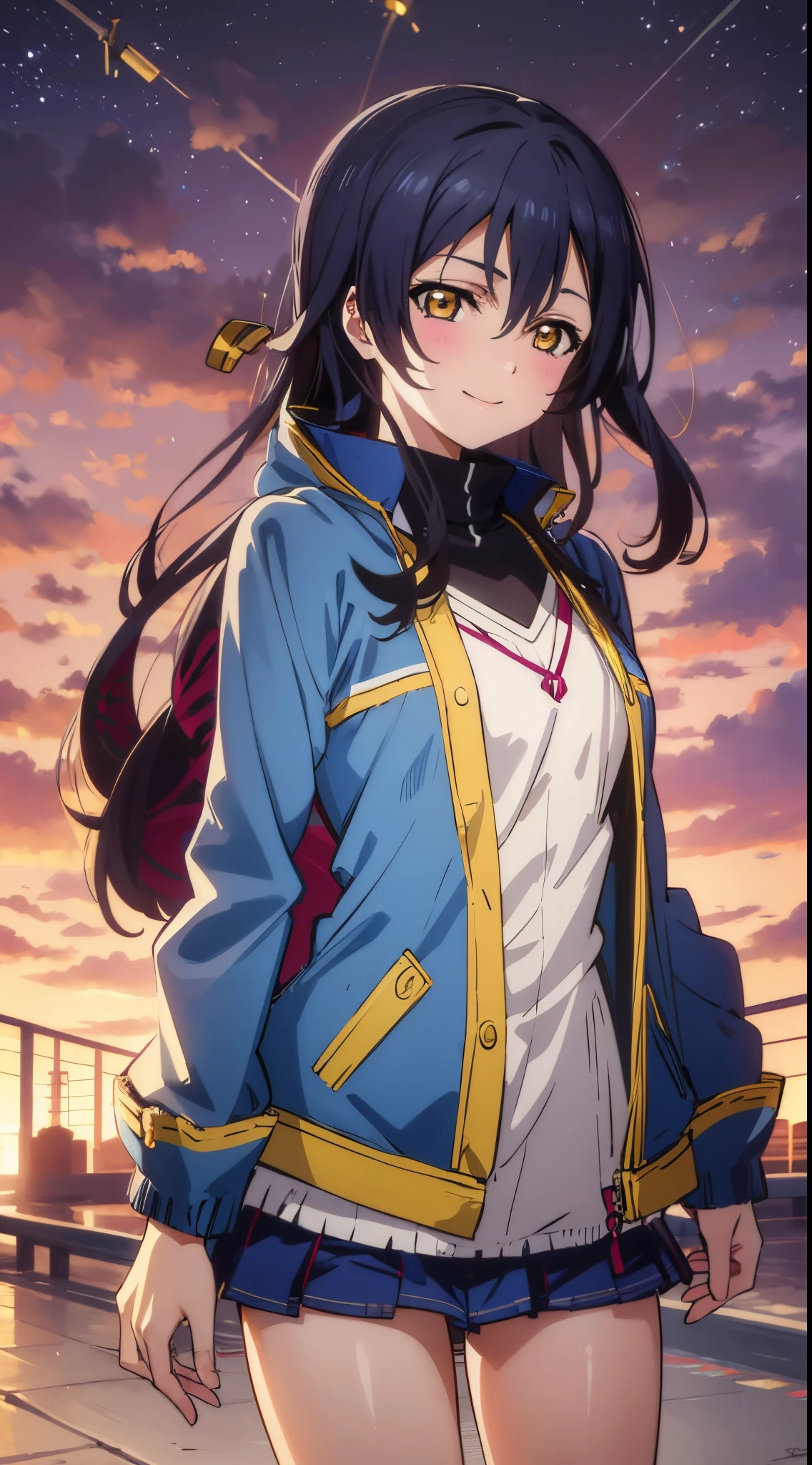 sonoda_umi_lovelive
long_hair, blue_hair, yellow_eyes, blush, bangs, hair_between_eyes, smile, hair_ornament