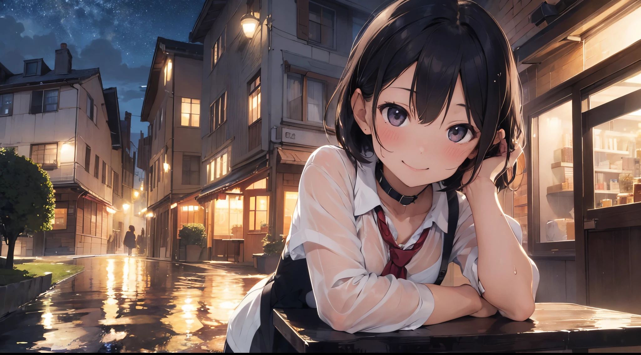 (8k, top quality, masterpiece: 1.2), (realistic, photorealistic: 1.37), super detailed, girl 1 person, 17 years old, solo, small breasts, beautiful detailed sky, Detailed café, night, (blush), (smile: 1.15), (closed mouth), small, (shirt with collar: 1.1), night, wet, office clothes, rain, white lace, (short hair: 1.2), floating hair NovaFrogStyle, random sexy poses,