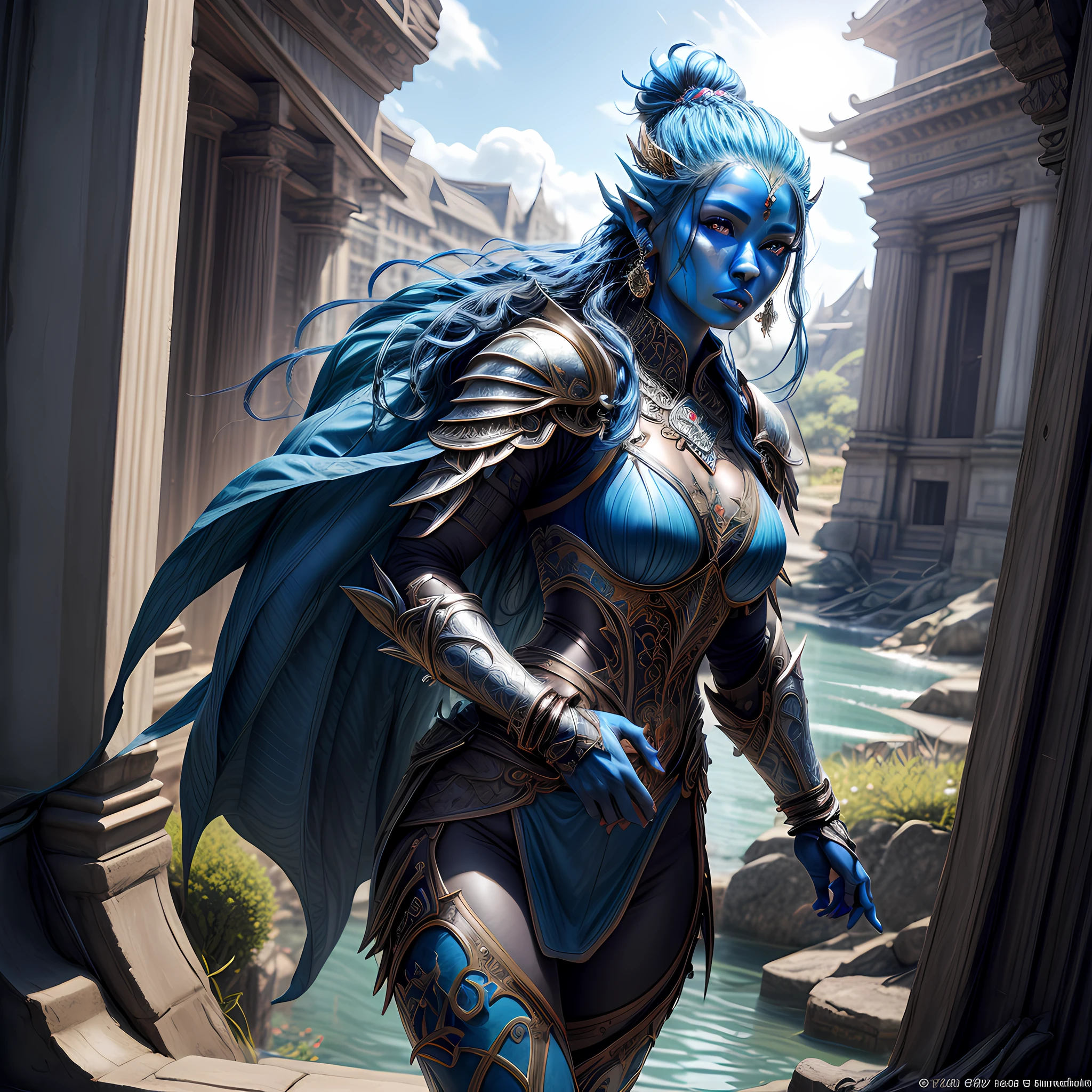 concept art, wide shot, (masterpiece:1.3), full body intense details, highly detailed, photorealistic, best quality, highres, portrait of a  exotic race female (fantasy art, Masterpiece, best quality) (blue skin: 1.3), intense details facial detail fantasy art, Masterpiece, best quality)cleric,  (blue skin: 1.3) 1person blue_skin, (bold head: 1.3), intense green eye, fantasy art, Masterpiece, best quality) armed a fiery sword red fire, wearing heavy white half plate mail armor LnF wearing high heeled laced boots, wearing a blue cloak within fantasy temple near river background and sun and clouds, reflection light, high details, best quality, 16k, [ultra detailed], masterpiece, best quality, (extremely detailed), dynamic angle, ultra wide shot, photorealistic, RAW, fantasy art, dnd art, fantasy art, realistic art,