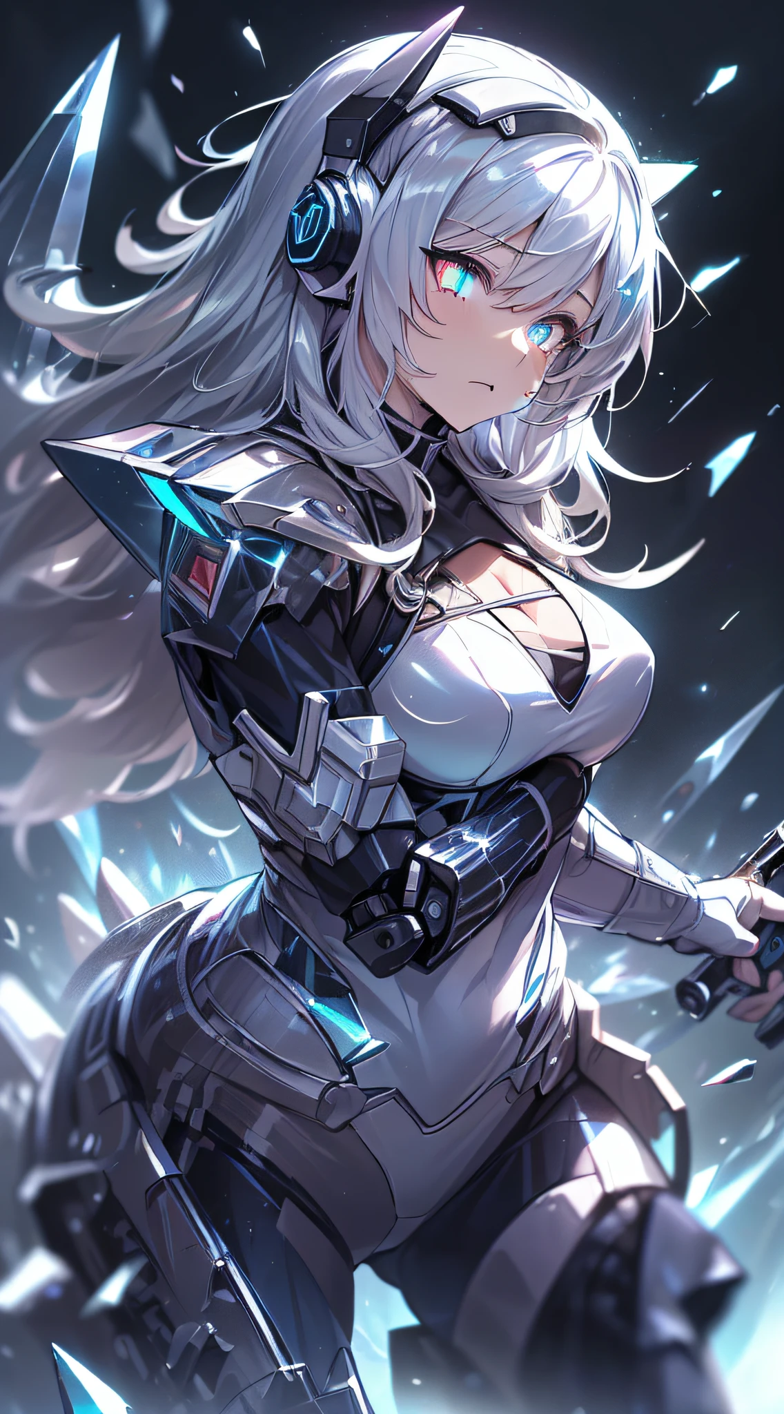 top-quality、Top image quality、masterpiece、girl with((black and white mecha suit、Glowing mech suit、18year old、 Ager、cute little、Best Bust、big bast,Beautifully shining purple eyes open wide, Messy silver hair、Longhaire、A slender,big moves in volleyball,sharp claws、he has a long knife in his right hand.、he has a short knife in his left hand.、head phone、fighting poses、Lonely face、running splatter)),hiquality、Beautiful Art、Background with((Midwinter world、Oshukubuki、Crystal Tower)))、,masutepiece、depth of fields,Cinematic style
