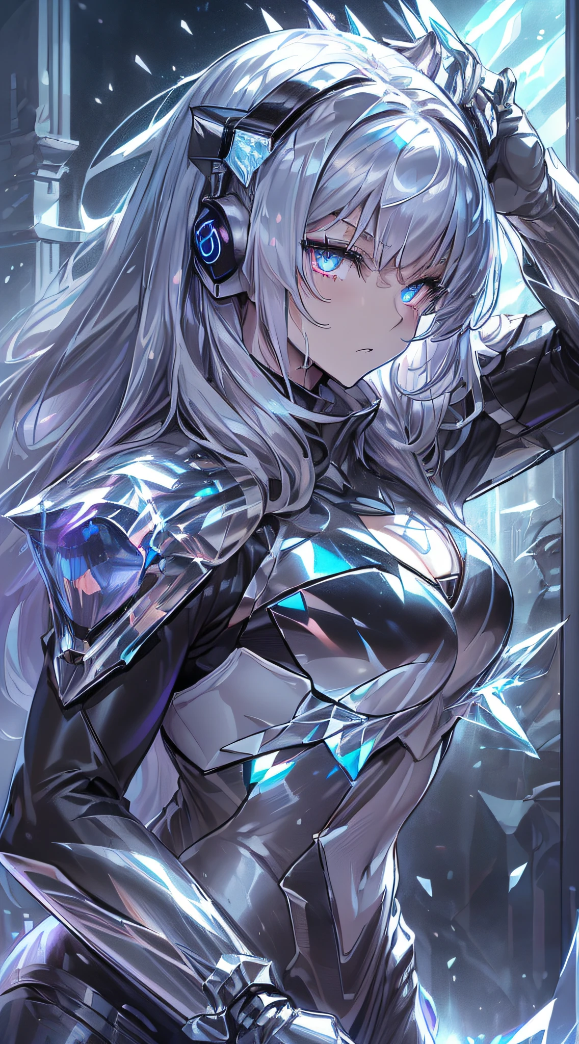 top-quality、Top image quality、​masterpiece、girl with((black and white mecha suit、Glowing mech suit、18year old、 Ager、cute little、Best Bust、big bast,Beautifully shining purple eyes open wide, Messy silver hair、Longhaire、A slender,big moves in volleyball,sharp claws、he has a long knife in his right hand.、he has a short knife in his left hand.、head phone、fighting poses、Lonely face、running splatter)),hiquality、Beautiful Art、Background with((Midwinter world、Oshukubuki、Crystal Tower)))、,masutepiece、depth of fields,Cinematic style