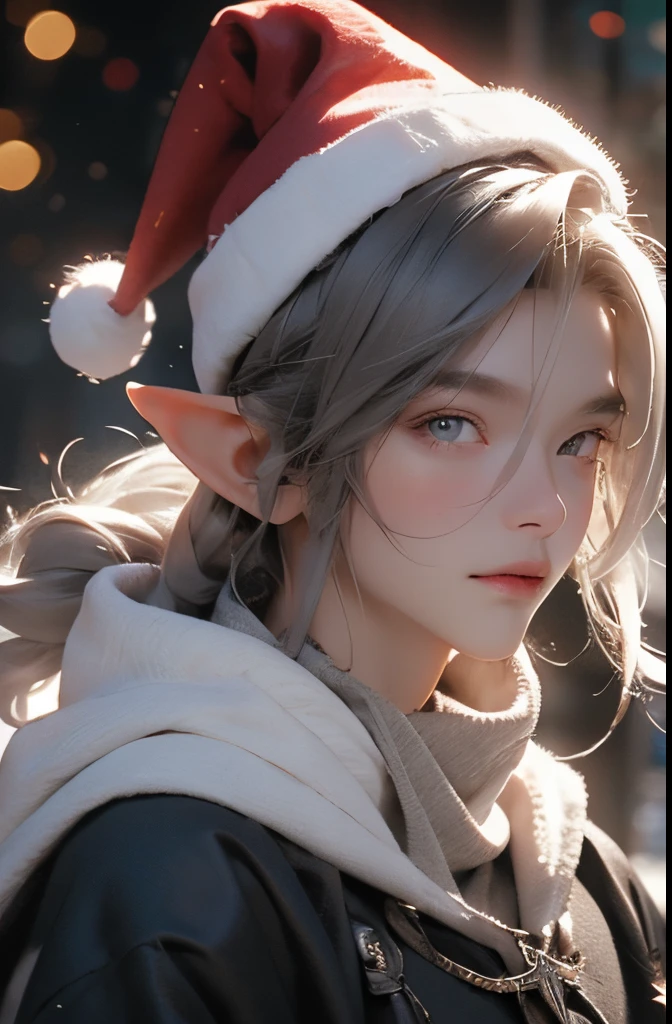 cute young ???, male , child , pale skin, enface, masterpiece, stablediffusion, detailed face and eyes,santa hat, winter outfit, fur, cape, hood, , portrait, elf, white hair