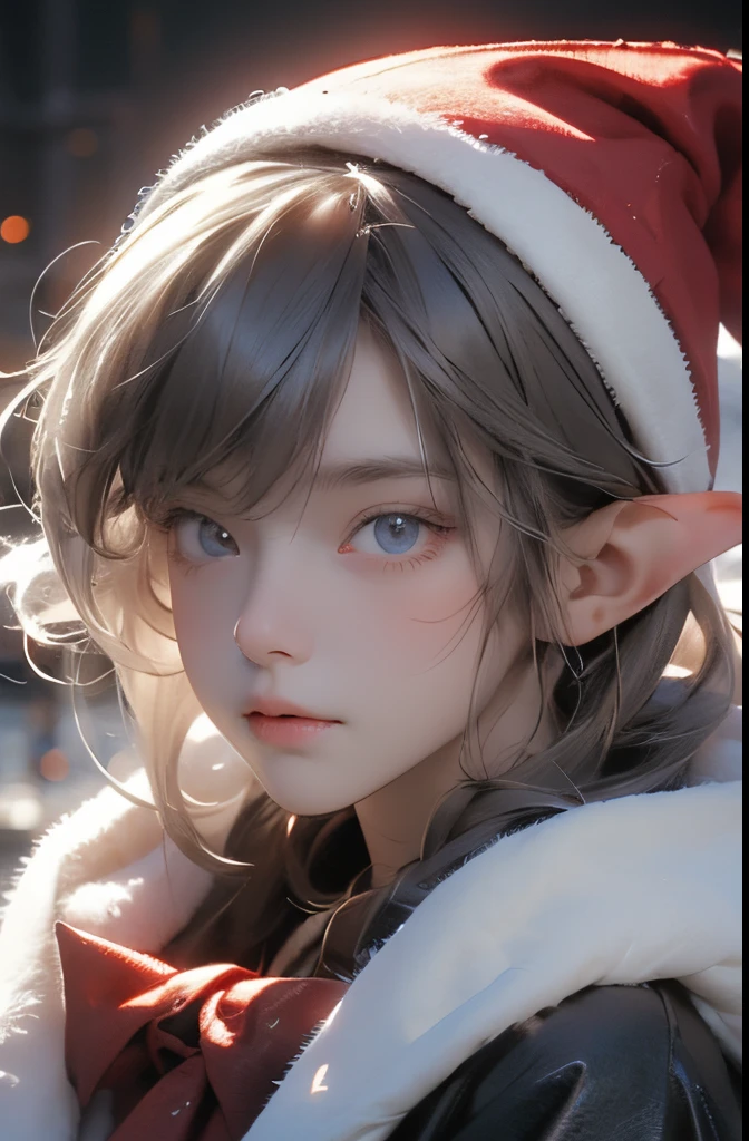 cute young kid, male , child , pale skin, enface, masterpiece, stablediffusion, detailed face and eyes,santa hat, winter outfit, fur, cape, hood, , portrait, elf, white hair