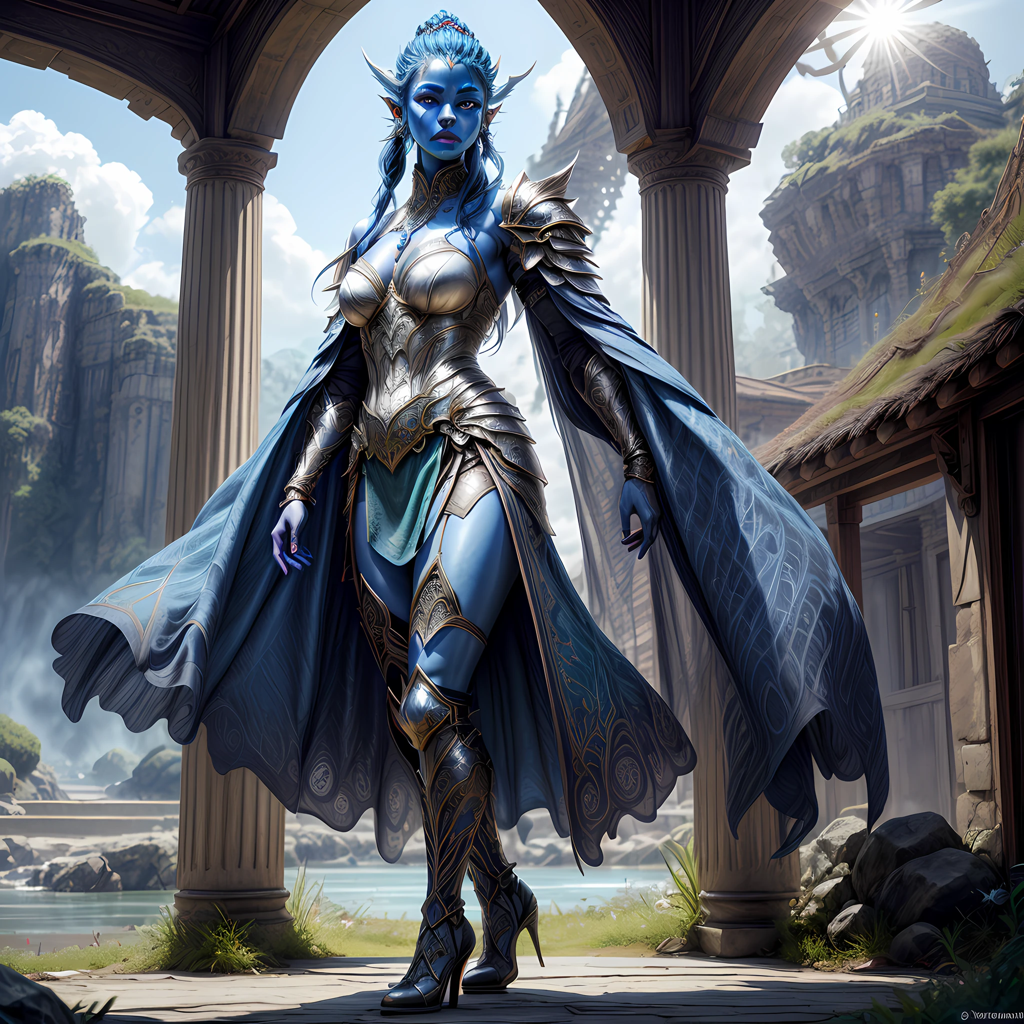 concept art, wide shot, (masterpiece:1.3), full body intense details, highly detailed, photorealistic, best quality, highres, portrait of a  exotic race female (fantasy art, Masterpiece, best quality) (blue skin: 1.3), intense details facial detail fantasy art, Masterpiece, best quality)cleric,  (blue skin: 1.3) 1person blue_skin, (bold head: 1.3), intense green eye, fantasy art, Masterpiece, best quality) armed a fiery sword red fire, wearing heavy white half plate mail armor LnF wearing high heeled laced boots, wearing a blue cloak within fantasy temple near river background and sun and clouds, reflection light, high details, best quality, 16k, [ultra detailed], masterpiece, best quality, (extremely detailed), dynamic angle, ultra wide shot, photorealistic, RAW, fantasy art, dnd art, fantasy art, realistic art,