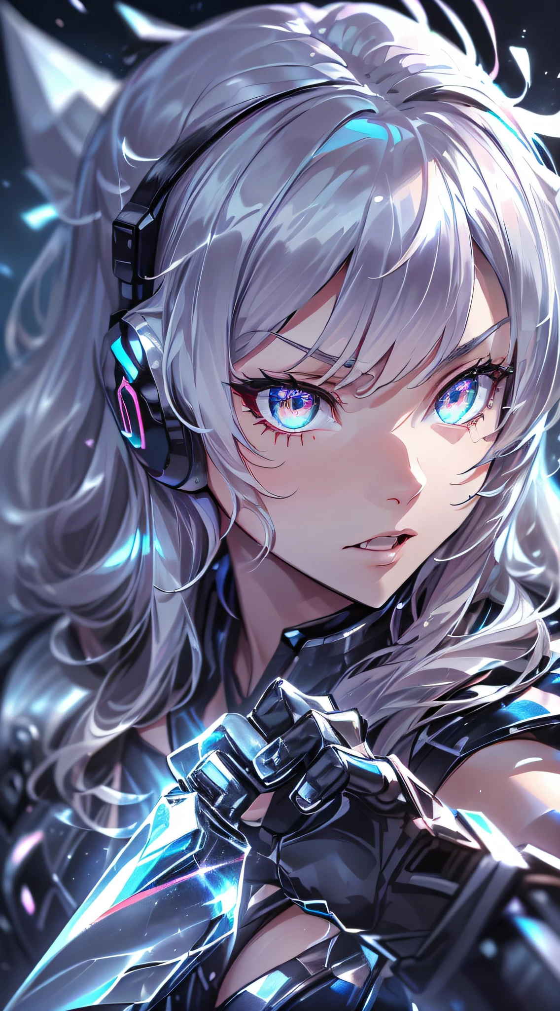 top-quality、Top image quality、masterpiece、girl with((black and white mecha suit、Glowing mech suit、18year old、 Ager、cute little、Best Bust、big bast,Beautifully shining purple eyes open wide, Messy silver hair、Longhaire、A slender,big moves in volleyball,sharp claws、he has a long knife in his right hand.、he has a short knife in his left hand.、head phone、fighting poses、Lonely face、running splatter)),hiquality、Beautiful Art、Background with((Midwinter world、Oshukubuki、Crystal Tower)))、,masutepiece、depth of fields,Cinematic style