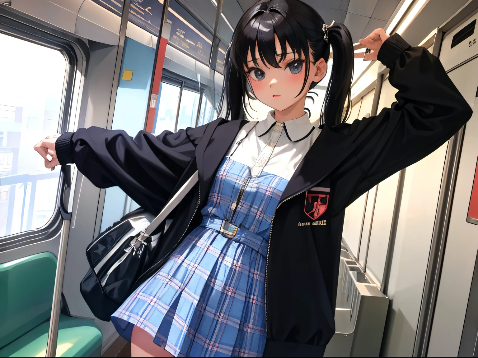 child,(masterpiece,Highest Quality),(plaid zip-up dress:1.4),shortsleeves,student clothes,A dark-haired,long twintail,In the train car