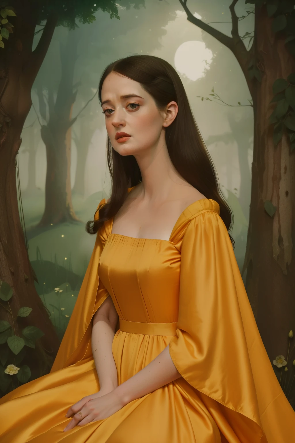 1135, England. otherworldly scene in a forest, ((((27-year-old)) Eva Green)), brunette, sad look, telling her story, ((((poor gown from the 12th century)))), ((Hairstyle of the 12th century)), ((Wes Anderson cinematic style)), colorful