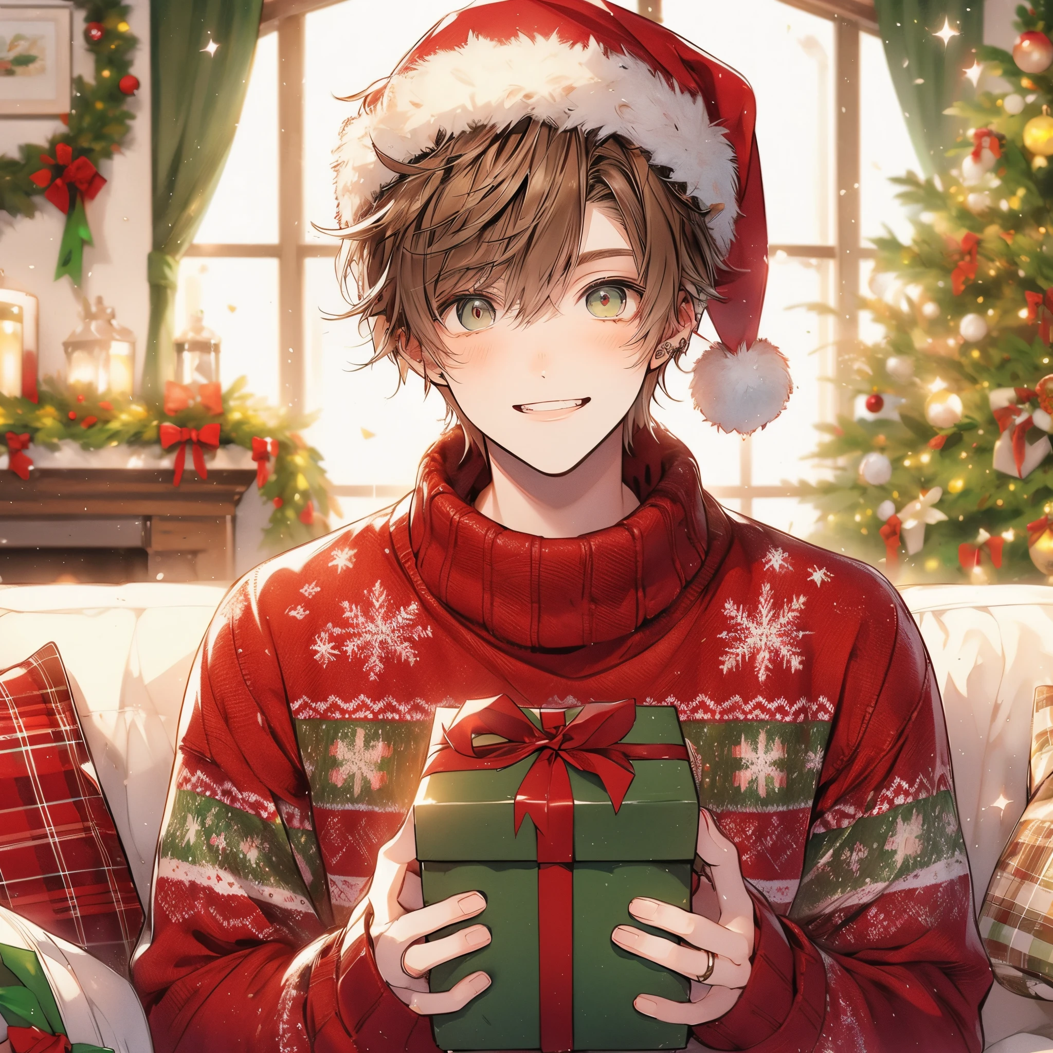 Clear line drawing, Transparent watercolor, Clear shading, Beautiful young man, chestnut brown hair, warm hazel eyes, Festive red and green Christmas sweater, Hold a gift box with a ribbon, Joyful smile, Santa hat and mistletoe accessories, Cozy living room decorated for Christmas, A medium shot that captures the warmth of the scene., Soft shine and shine enhances the auspicious atmosphere..High quality, amount of drawing, pixiv illustration