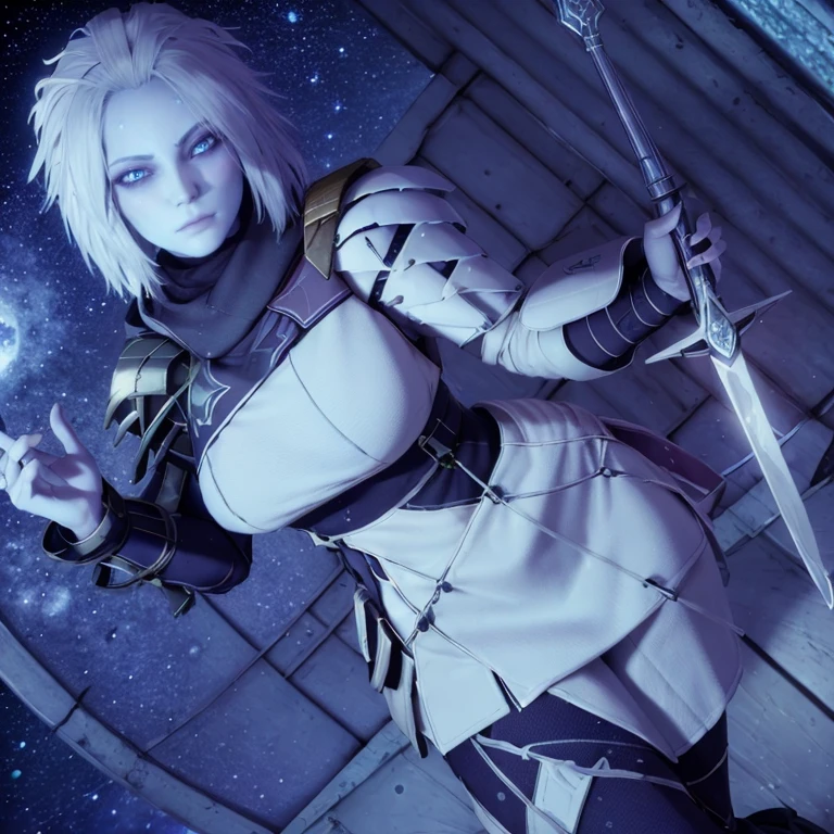 ((masterpiece)), (best quality), 8k, ultra-detailed, 3d,mara sov, stoic, long face, destiny 2, space, colorful background, blue eyes, white skin, the reef, awoken, standing up, holding a sword