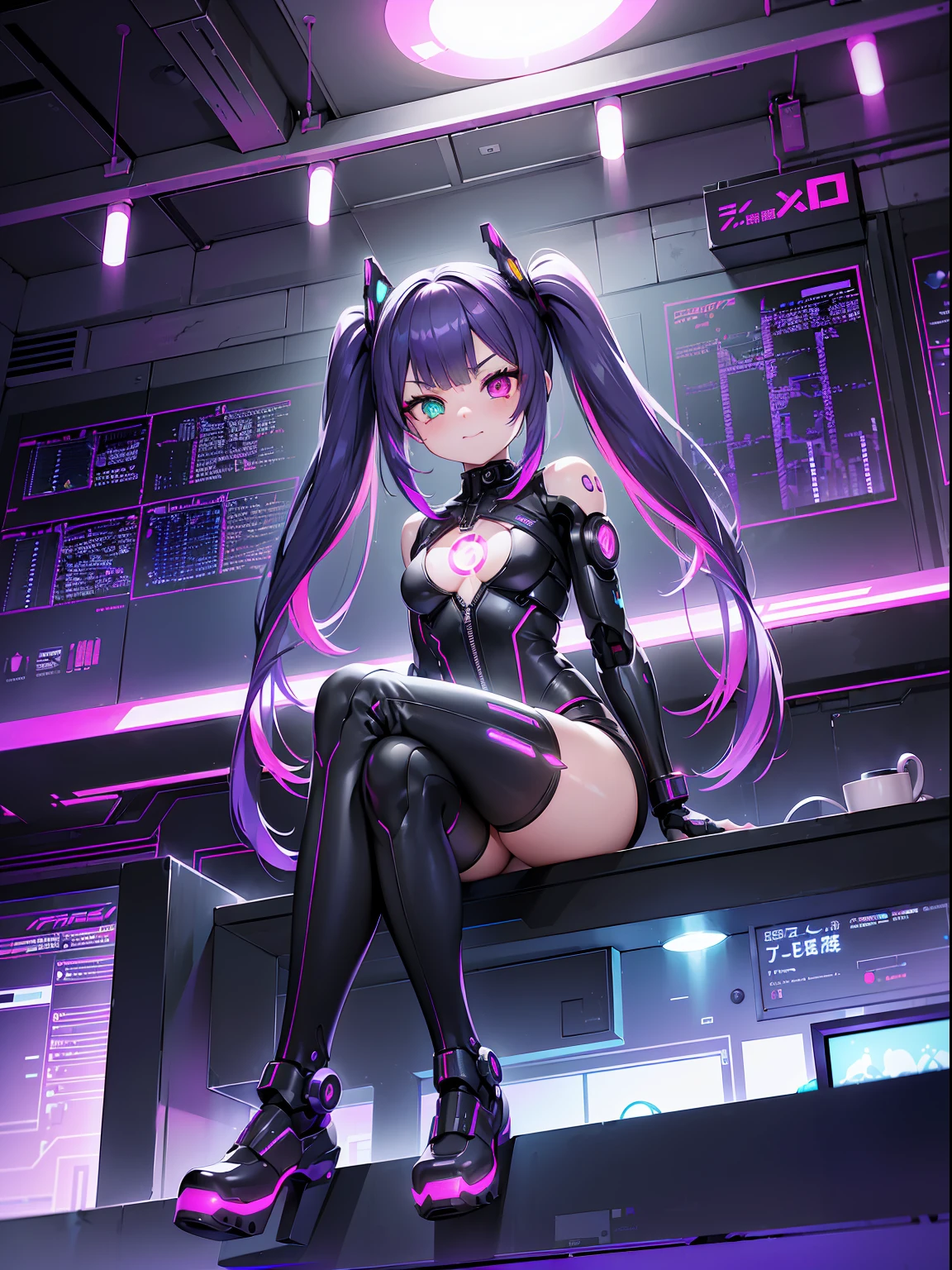 (RAW Photos, Best Quality), (animesque: 1.2), cyberpunked, (((1 Female Android))), (Sharp facial features), (smaller face), (High Detail Skin: 1.2), 鎖骨, Pretty face, Beautiful eyes, long eyelashes, ((Purple hair, Twin-tailed, Bangs:1.2, multicolored eyes+Heterochromia)), mechanical fingertips, Cute smile, (((cyberpunk clothes, LED light emitting))), Futuristic, bay area, ((sitting on, Camera work from below)), FULL BODYSHOT, ultra-detailliert, Professional Lighting, Photon mapping, Physically Based Rendering,