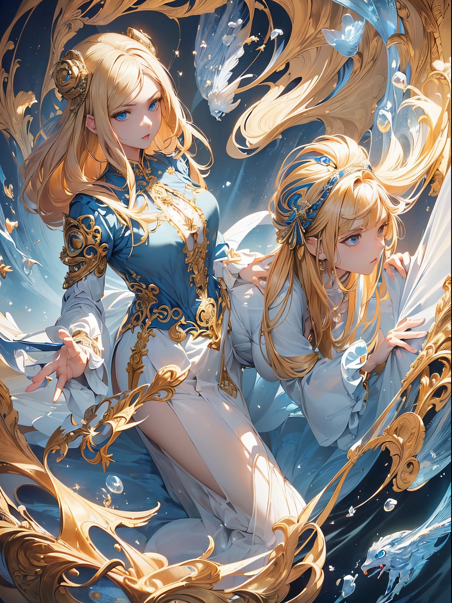 With long blonde hair,tiara crown,Perspective,Indifference and contempt,The expression is indifferent。