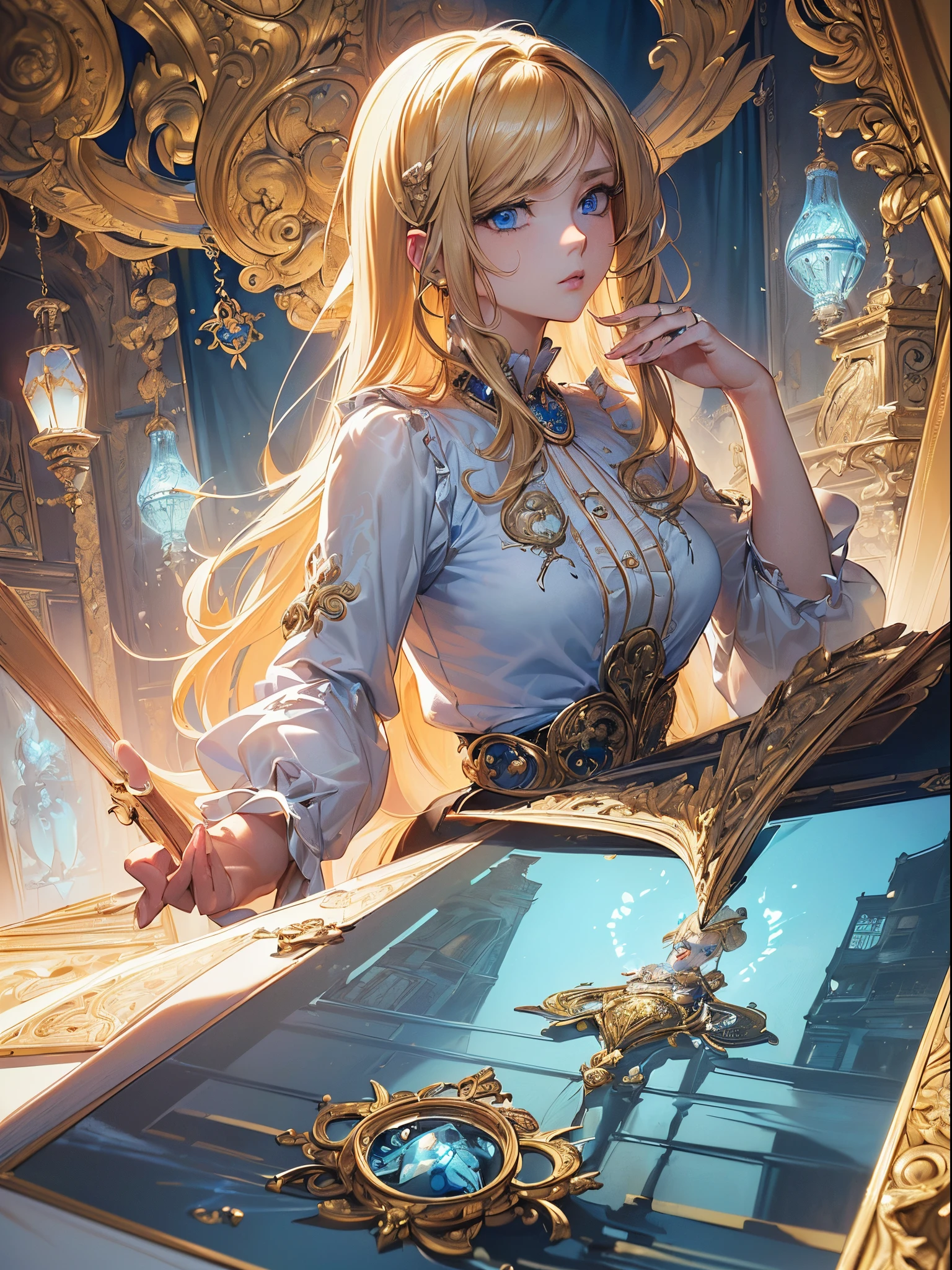 ((Finest quality)),(超A high resolution),(ultra-detailliert),(Meticulous portrayal),((Best Anime)),(Finest works of art),(Ultra-Precision Art),(The art of astounding depiction,Overwhelming depiction:1.5),(intricate and detailed art:1.6), (1 adult female:1.5),(blouse:1.6),(Glowing blonde hair:1.3),(clear blue eyes:1.5),