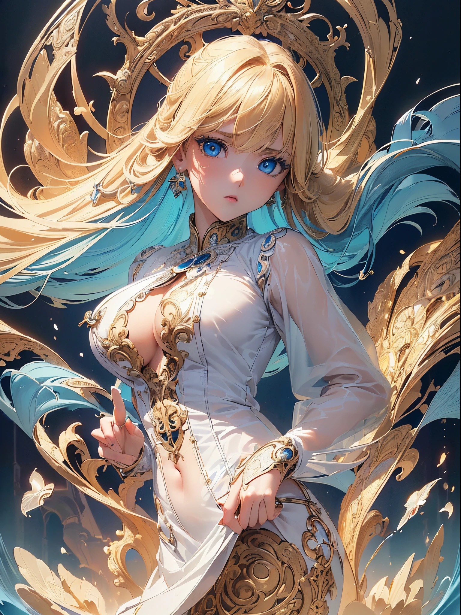 ((Finest quality)),(超A high resolution),(ultra-detailliert),(Meticulous portrayal),((Best Anime)),(Finest works of art),(Ultra-Precision Art),(The art of astounding depiction,Overwhelming depiction:1.5),(intricate and detailed art:1.6), (1 adult female:1.5),(blouse:1.6),(Glowing blonde hair:1.3),(clear blue eyes:1.5),