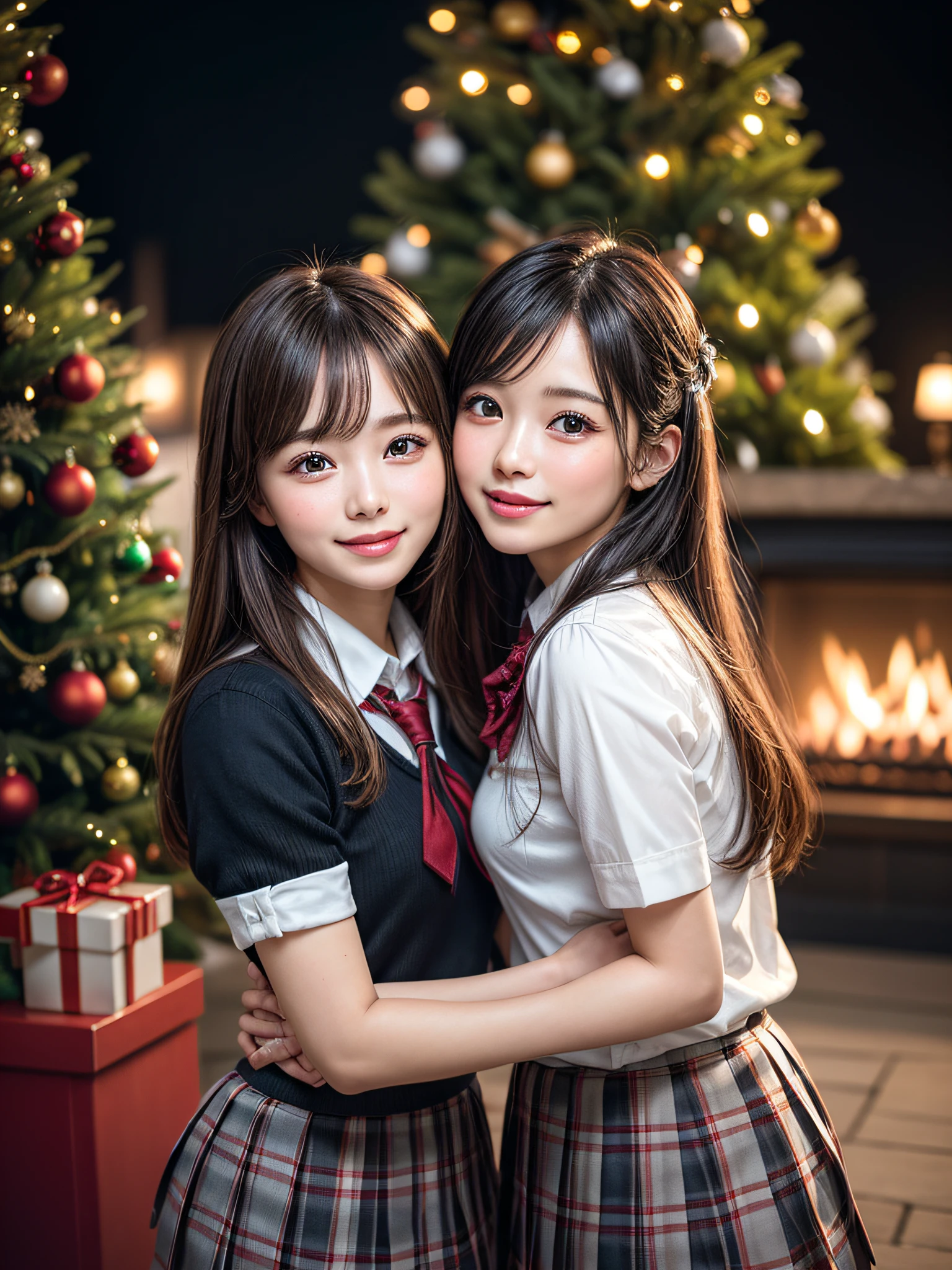 (2girls:1.4), Extremely cute, amazing face and eyes beautiful nice smile), (extremely detailed beautiful face), bright and shiny lips, (School uniform, Pleated skirt:1.3), (Best Quality:1.4), (hyper quality), (Ultra-detailed), (Hyper-realistic, Photorealsitic:1.37), Authentic skin texture, intricate-detail, extremely detailed CG unified 8k wallpaper, RAW Photos, professional photograpy, Cinematic lighting, Exposing, Christmas tree, Christmas Ornaments, Christmas Decorations, Christmas Lights, christmas lights, Glittering, Wrapped in love, happy feeling,