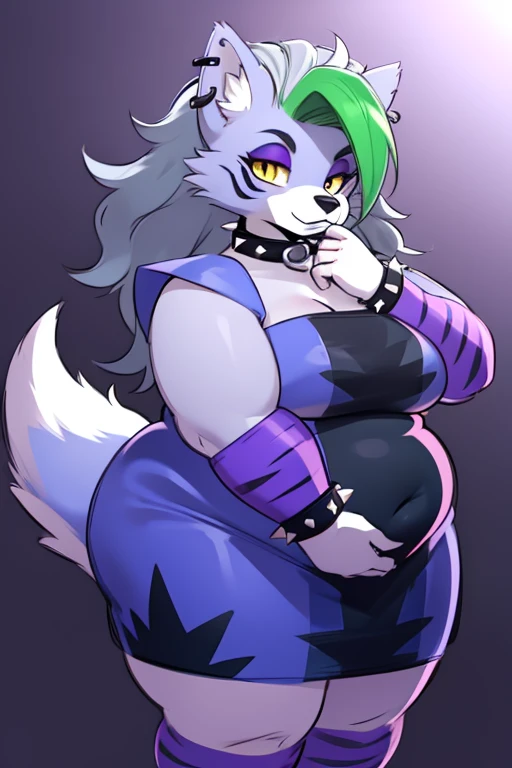 best quality,   fnafroxanne, obese furry female, obese body fur, makeup, wolf ears, wolf tail, blue dress, big breasts, purple lipstick, collar, spikes, jewelry, ear piercing, bracelet, yellow eyes, detailed eyes,  3DMM, gray hair, green hair,