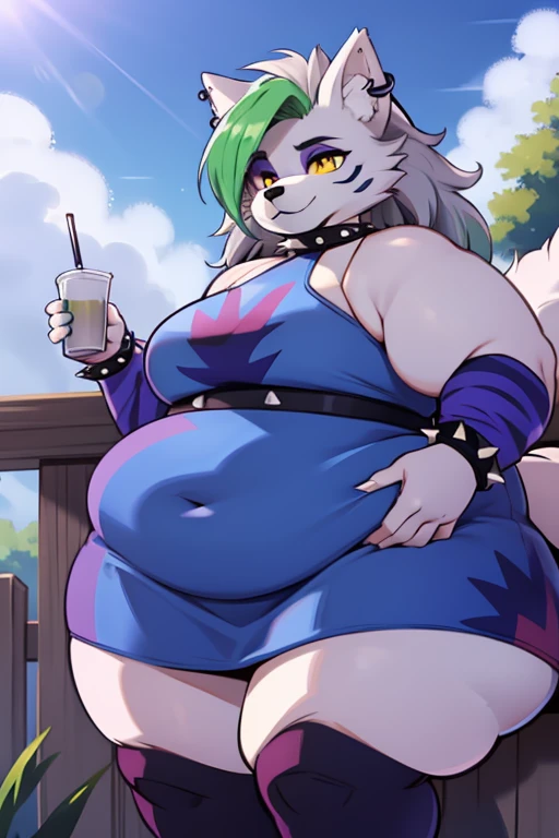 best quality,   fnafroxanne, obese furry female, obese body fur, makeup, wolf ears, wolf tail, blue dress, big breasts, purple lipstick, collar, spikes, jewelry, ear piercing, bracelet, yellow eyes, detailed eyes,  3DMM, gray hair, green hair,