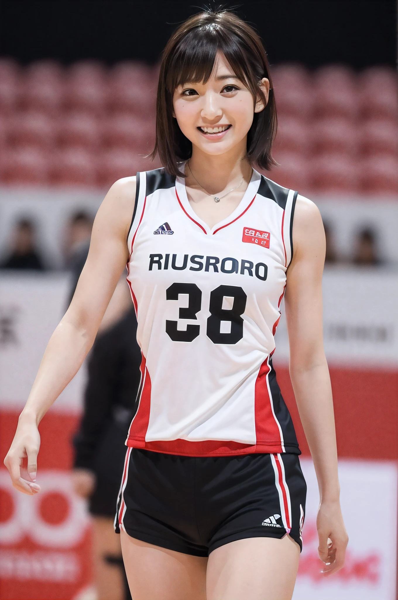 (8K,An ultra-high picture quality,ultra-quality,hight resolution,masterpiece:1.5),((Realistic)),(Cowboy Shot),Looking at Viewer,1girl in,pale skin,Short hair,Smile,(Japanese volleyball player standing),red and white sleeveless,short trousers of black color,Black High Socks,Absolute area,beauty legs,kawaii,A smile,Stadium,Saori Kimura,Kei Kurihara