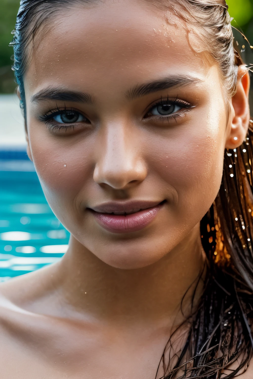 Create a complete image inspired by Sophie Mudd, She is just lifting her head, her gaze meeting the camera as she emerges from the swimming pool. Water droplets cascade down her face, tracing the contours of her skin in a mesmerizing dance. The beads of water catch the sunlight, shimmering momentarily before slipping off her chin. Her eyes, wide open and a deep brown, are clear and focused, reflecting a quiet intensity. Lashes spangled with tiny droplets add a delicate charm to her intense gaze. A relaxed smile plays on her lips, conveying a sense of tranquility amidst the dynamic scene.

The water's journey over her face highlights her peaceful yet alert expression, creating a captivating contrast. This moment is tightly framed, capturing her from the shoulders up, ensuring the focus remains solely on her face and the interplay of water and light. Her skin is rendered with an intensely granular texture, reminiscent of high ISO film photography. The coarse, visible noise enhances the tactile sensation of the image, making every detail palpable.

Her makeup is natural, complementing her brown eyes and subtly smiling lips. Her long brown hair, slicked back and wet from the pool, adds a layer of realism to the scene. The focus is on her face and the natural beauty of the water interacting with her features, creating a portrait that is both serene and vivid.

The image is rendered with pronounced ray tracing and film grain effects, achieving an ultra-high level of detail and realism. This, combined with ultra-high definition (UHD) 4K resolution, captures every nuance of the scene, from the texture of her skin to the individual droplets of water, creating a visually stunning and emotionally engaging image.