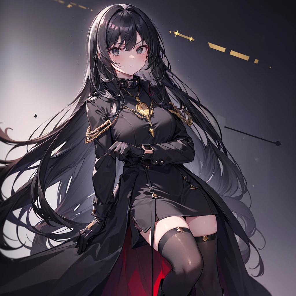 ((masterpiece, best quality)), ((1girl)), (solo), ((black dress with golden decorations), ((black gloves)), (black spiked collar), (stockings), (black military boots), (ruby pendant), ((black long straight hair)), serious, (black eyes), rosy cheeks, (silver wristwatch), dynamic angle, nighttime, starry background