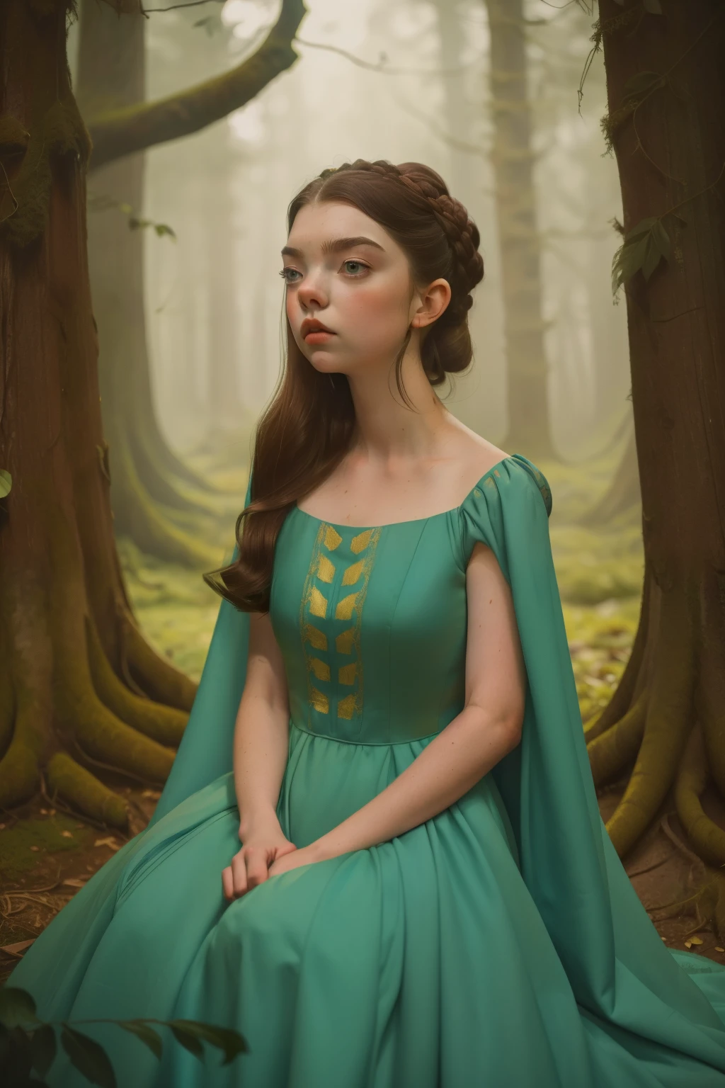 1135, England. otherworldly scene in a forest, ((((27-year-old)) Anya Taylor-Joy)), brunette, sad look, telling her story, ((((poor gown from the 12th century)))), ((Hairstyle of the 12th century)), ((Wes Anderson cinematic style)), colorful